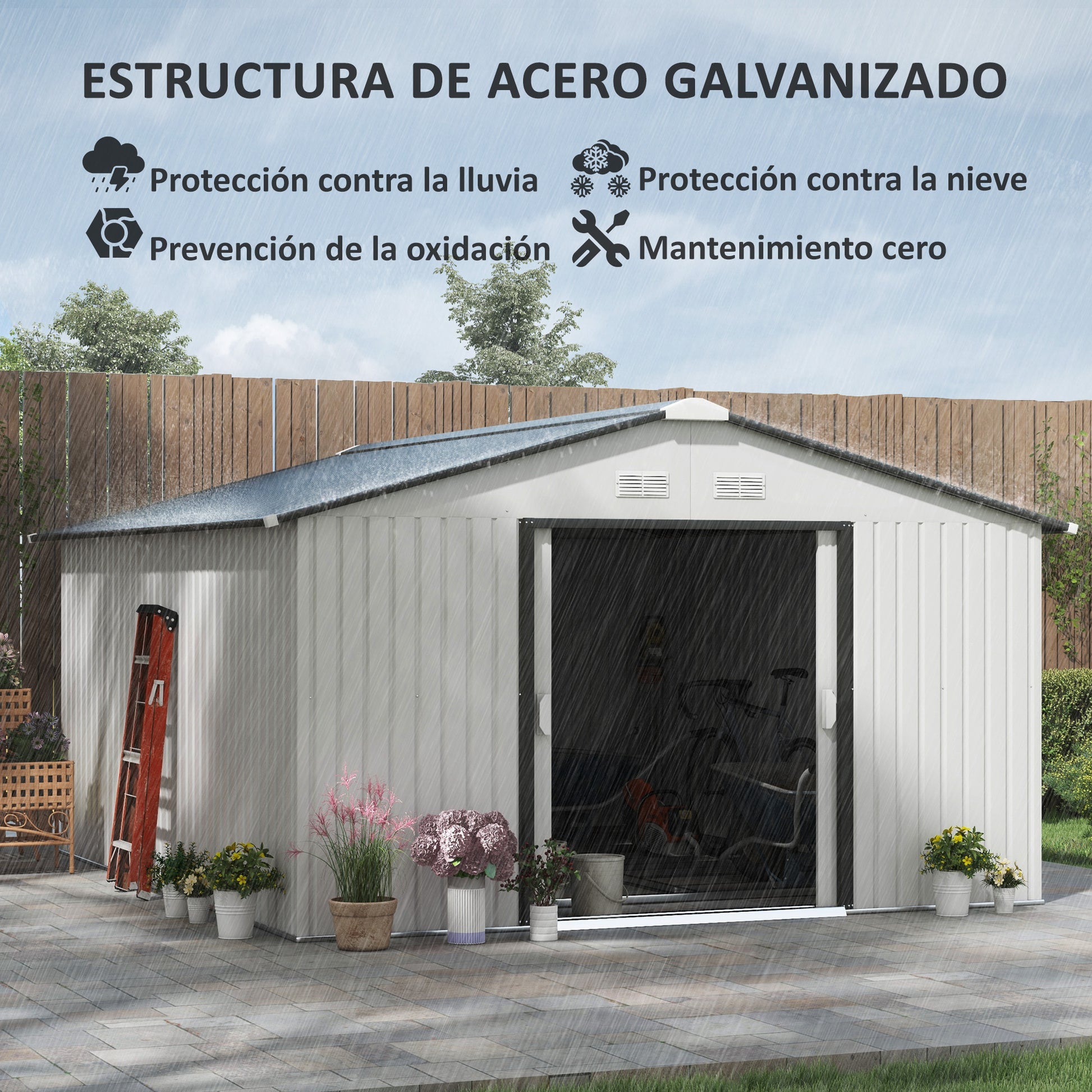 Outsunny Caseta de Jardín Exterior 12,4 m² 340x386x200 cm Cobertizo de Jardín Exterior con Puerta Corredera Techo Inclinado Base Refuerzo (Suelo NO Incluido) y 4 Ventanas Blanco