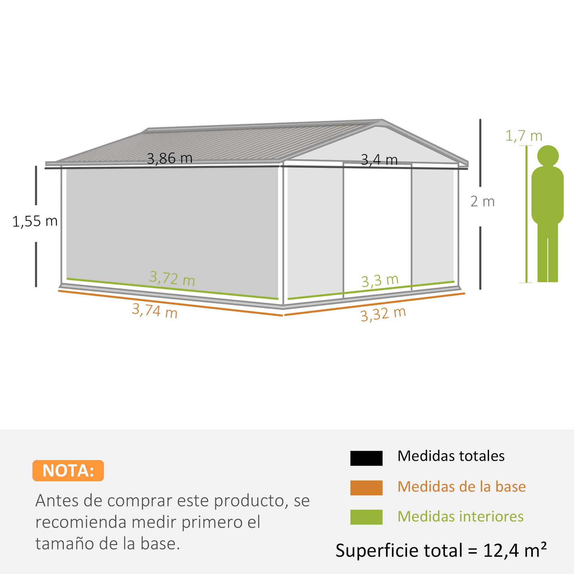 Outsunny Caseta de Jardín Exterior 12,4 m² 340x386x200 cm Cobertizo de Jardín Exterior con Puerta Corredera Techo Inclinado Base Refuerzo (Suelo NO Incluido) y 4 Ventanas Blanco