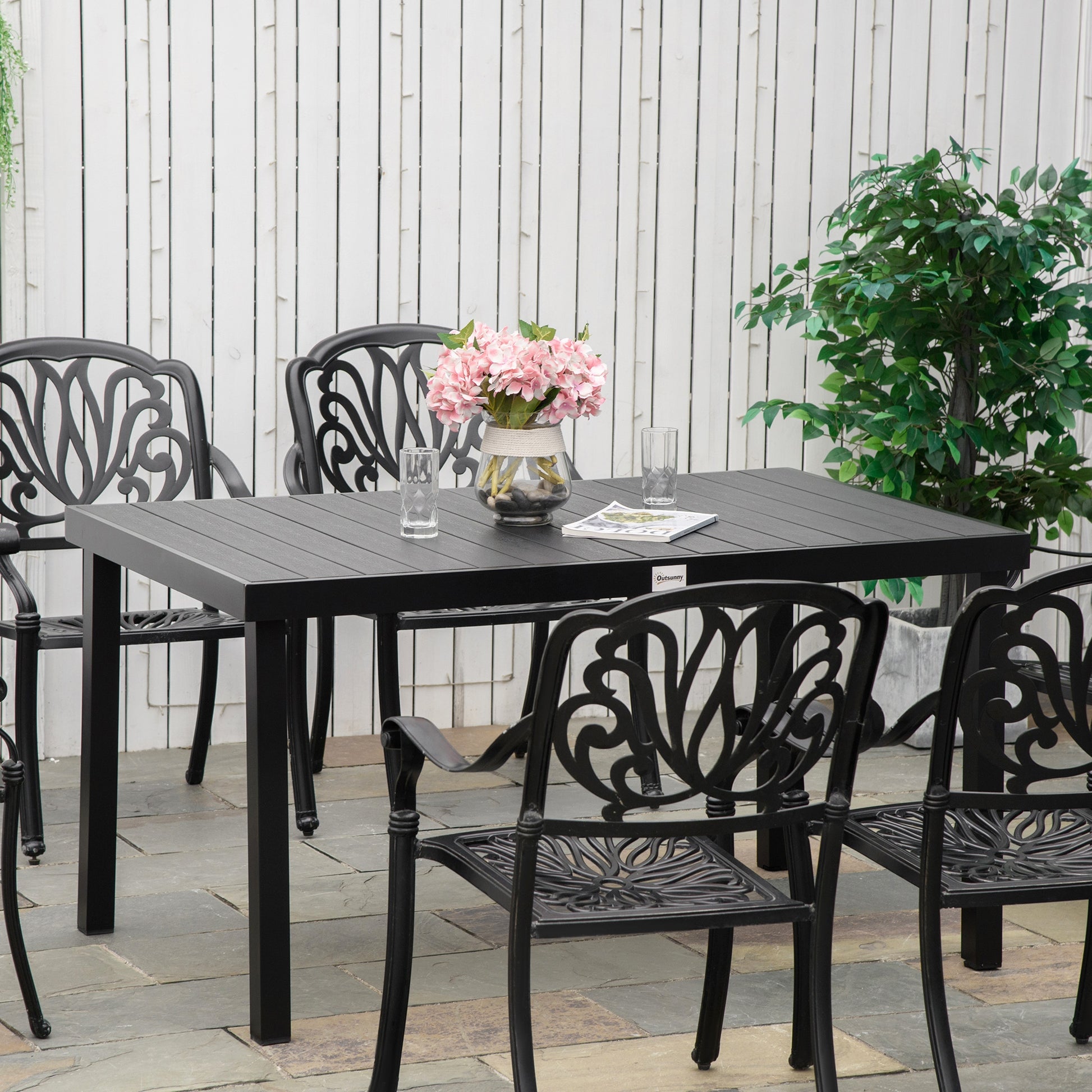 Outsunny Mesa de Jardín Rectangular para 6 Personas Mesa de Comedor Exterior 140x90x74 cm con Encimera de Listones y Estructura de Aluminio para Terraza Balcón Negro