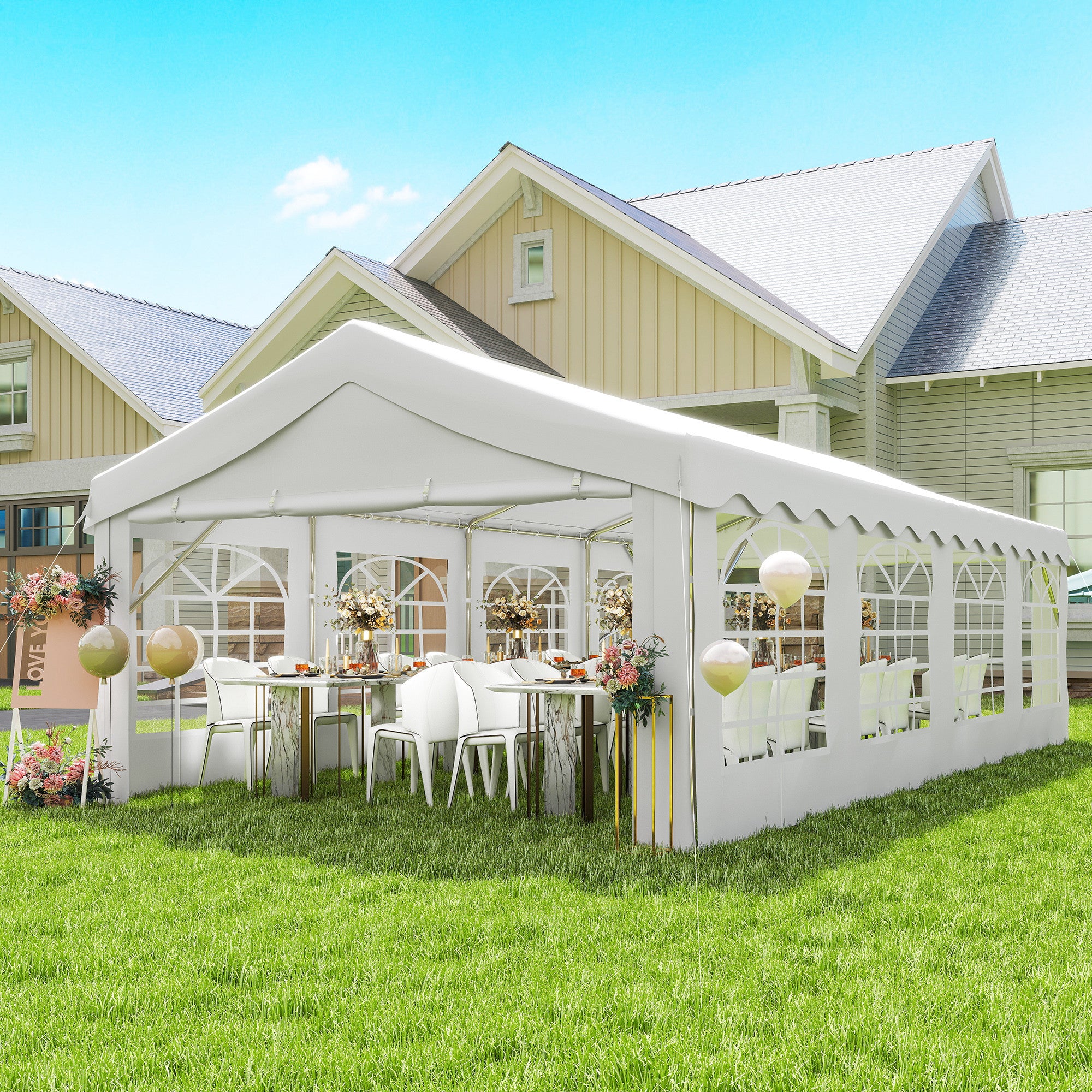 Outsunny Carpa para Fiesta 4x8 m, Carpa de Jardín con Estructura de Acero Galvanizado, Paredes Laterales Extraíbles, Puerta con Cremallera y Ventanas, UPF50+, Cenador Gazabo para Boda, Eventos, Blanco