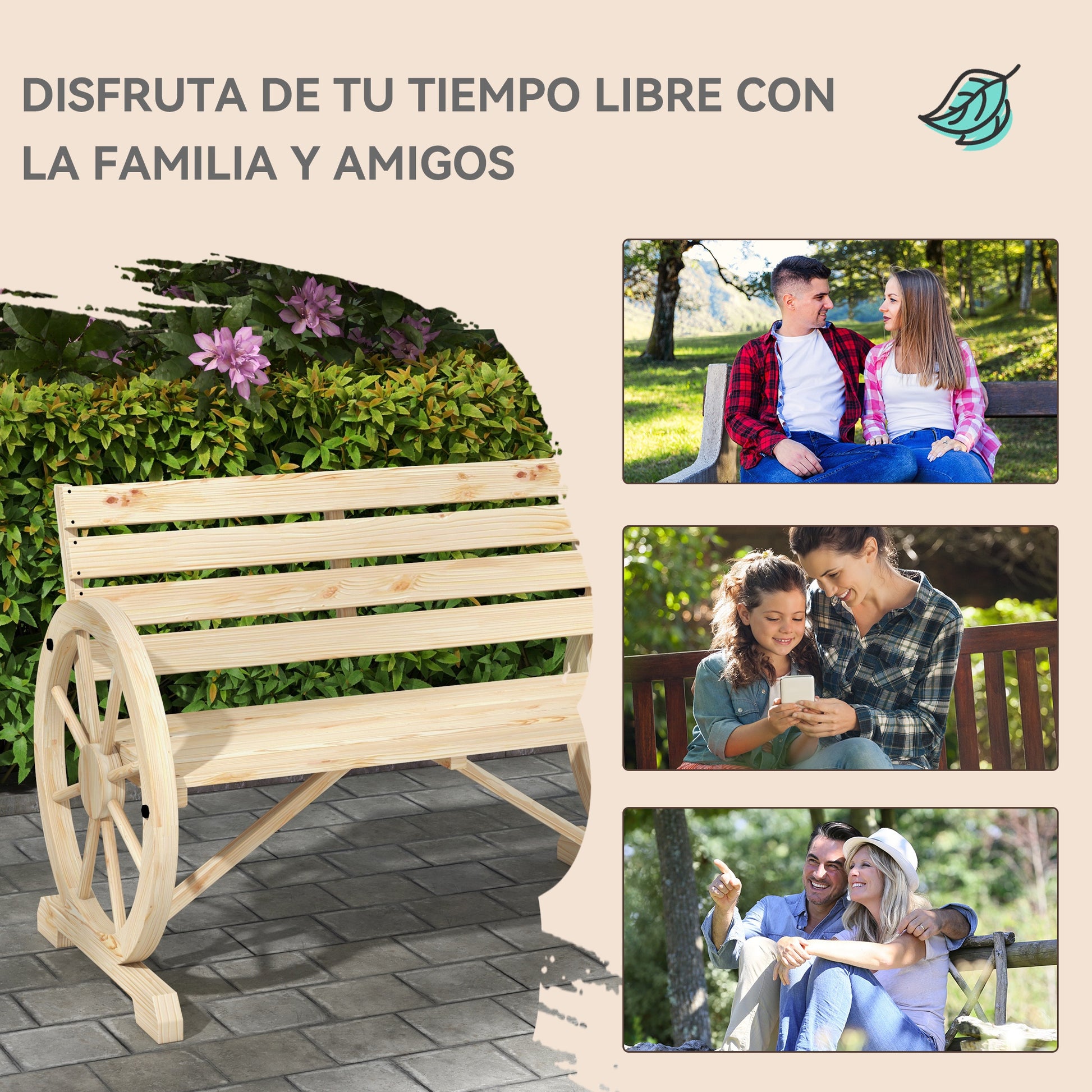 Outsunny Banco de Jardín de Madera, Banco de Exterior con Reposabrazos en Forma de Rueda, Estilo Rústico, Carga 240 kg, de 2 Plazas, para Patio, Terraza, 105,5x56x79 cm, Madera Natural