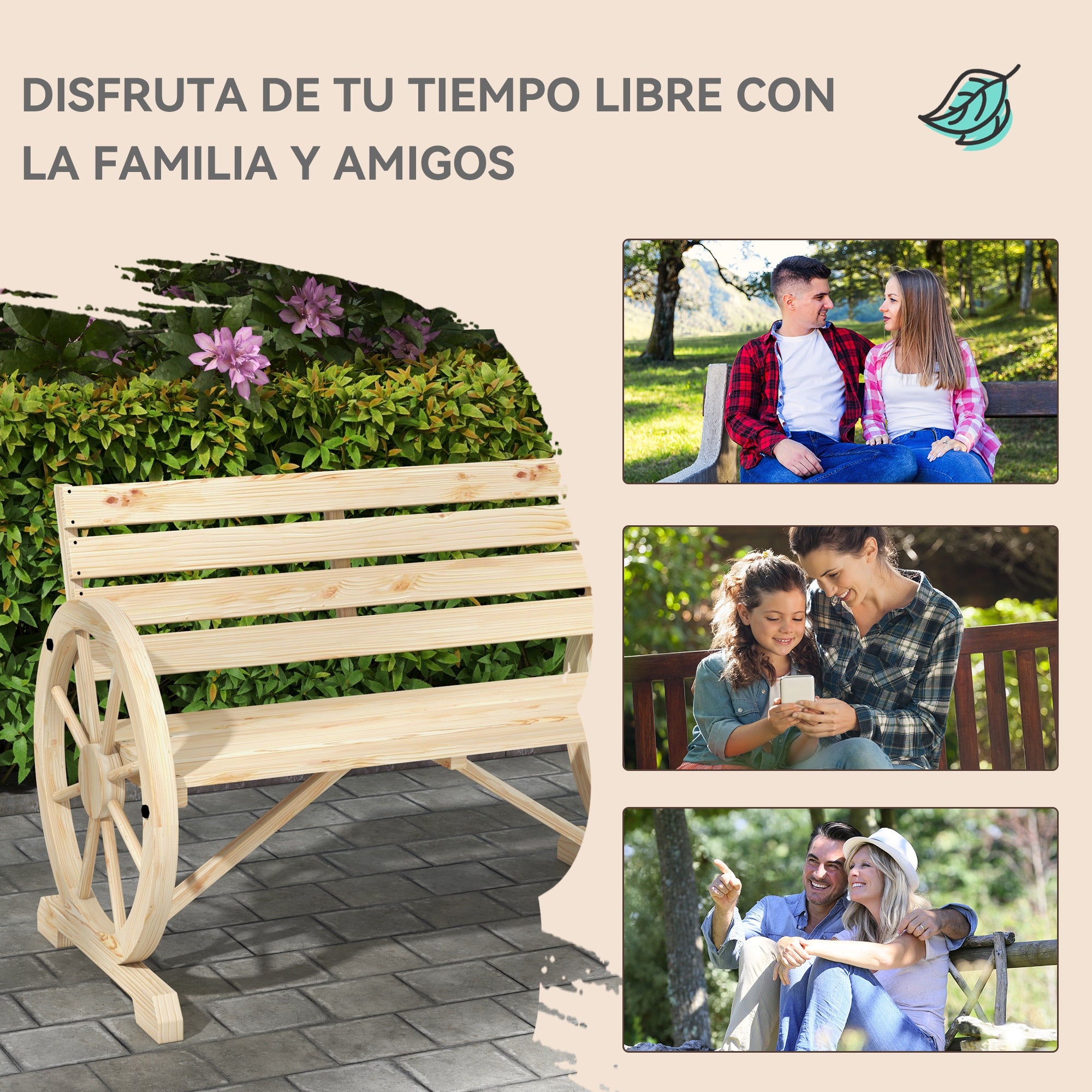 Outsunny Banco de Jardín de Madera, Banco de Exterior con Reposabrazos en Forma de Rueda, Estilo Rústico, Carga 240 kg, de 2 Plazas, para Patio, Terraza, 105,5x56x79 cm, Madera Natural