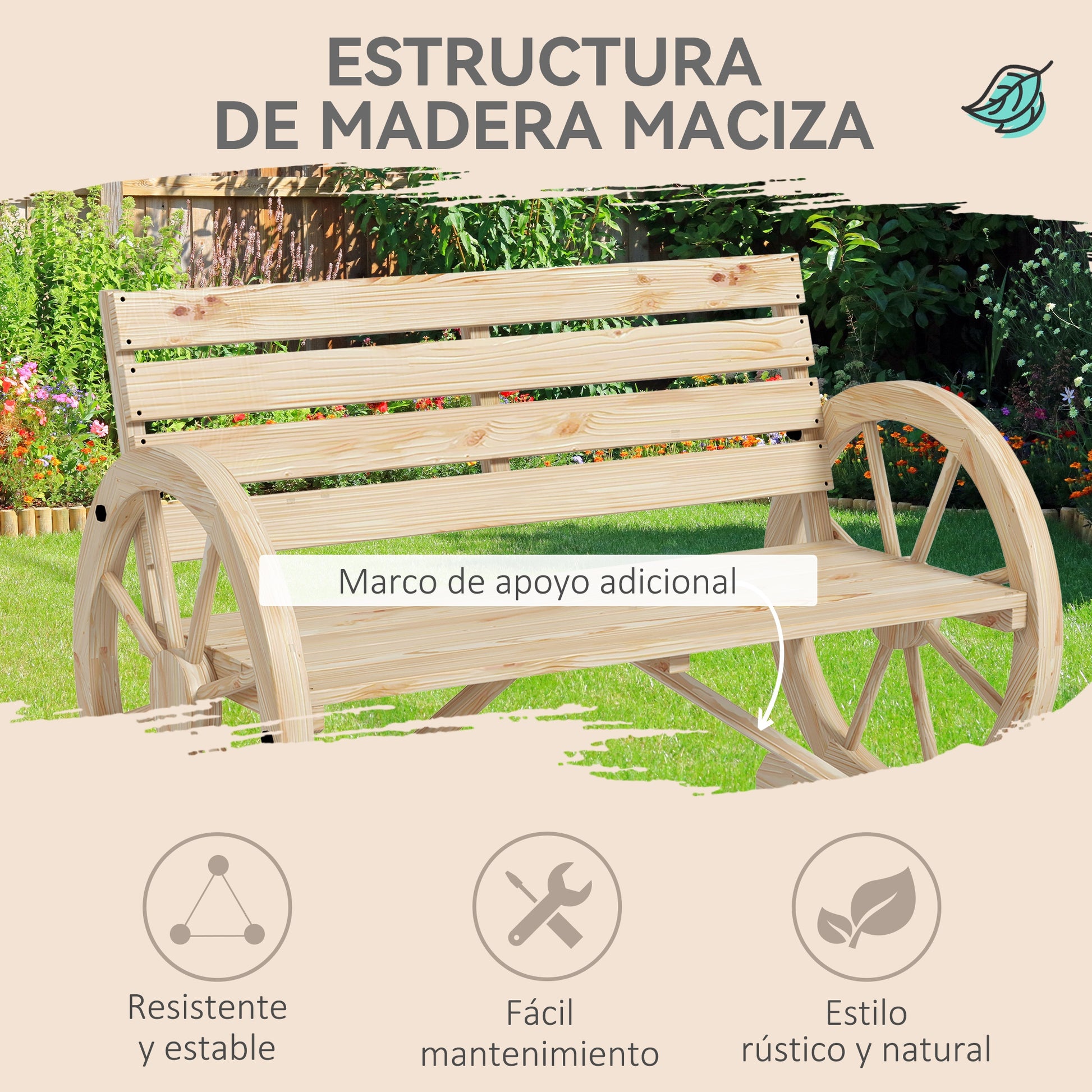 Outsunny Banco de Jardín de Madera, Banco de Exterior con Reposabrazos en Forma de Rueda, Estilo Rústico, Carga 240 kg, de 2 Plazas, para Patio, Terraza, 105,5x56x79 cm, Madera Natural