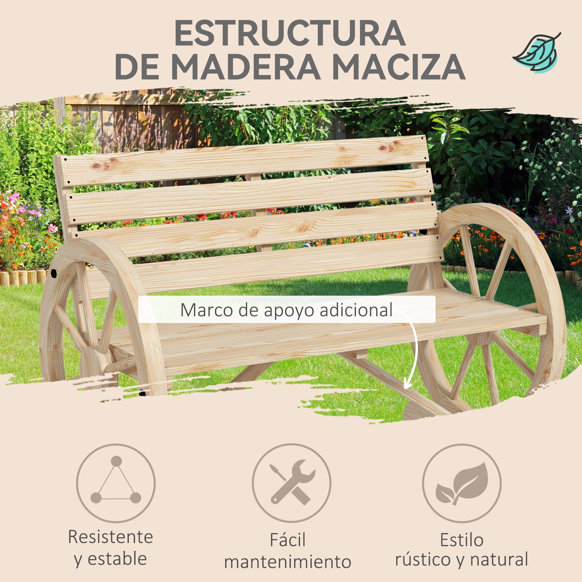 Outsunny Banco de Jardín de Madera, Banco de Exterior con Reposabrazos en Forma de Rueda, Estilo Rústico, Carga 240 kg, de 2 Plazas, para Patio, Terraza, 105,5x56x79 cm, Madera Natural