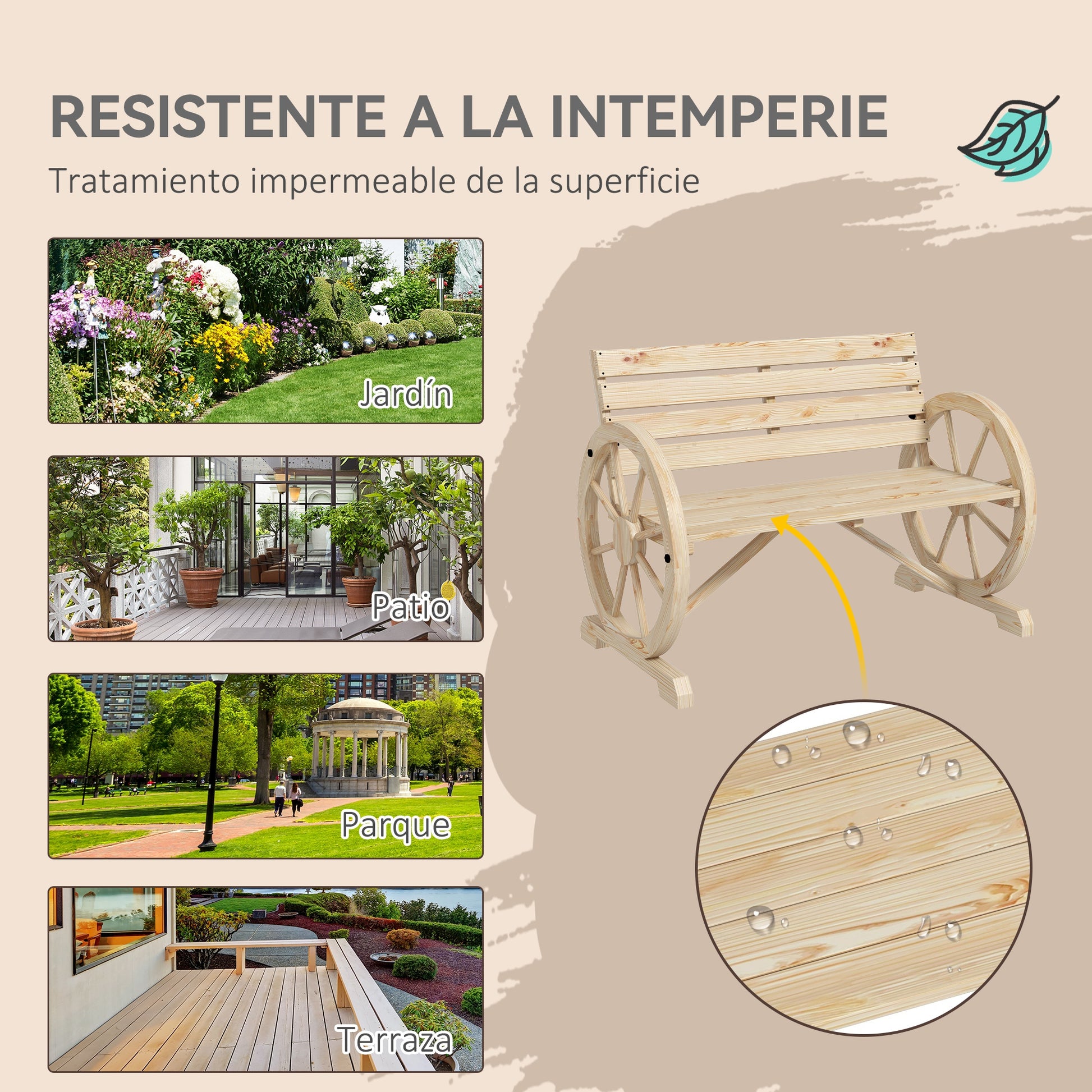 Outsunny Banco de Jardín de Madera, Banco de Exterior con Reposabrazos en Forma de Rueda, Estilo Rústico, Carga 240 kg, de 2 Plazas, para Patio, Terraza, 105,5x56x79 cm, Madera Natural