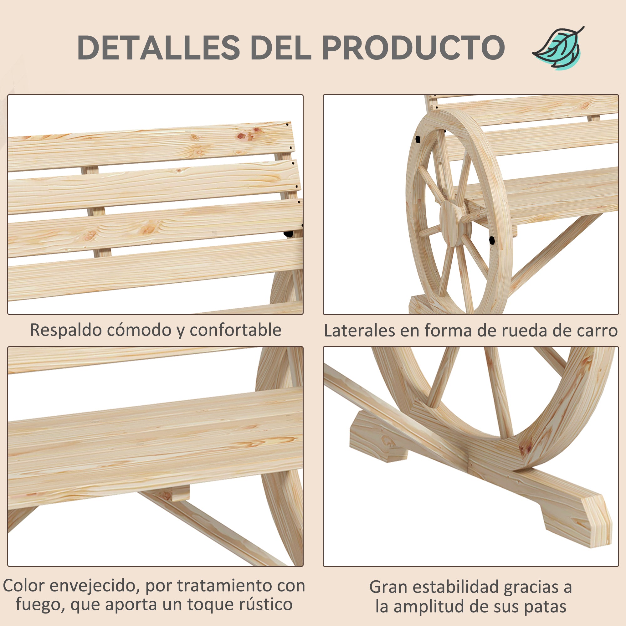 Outsunny Banco de Jardín de Madera, Banco de Exterior con Reposabrazos en Forma de Rueda, Estilo Rústico, Carga 240 kg, de 2 Plazas, para Patio, Terraza, 105,5x56x79 cm, Madera Natural