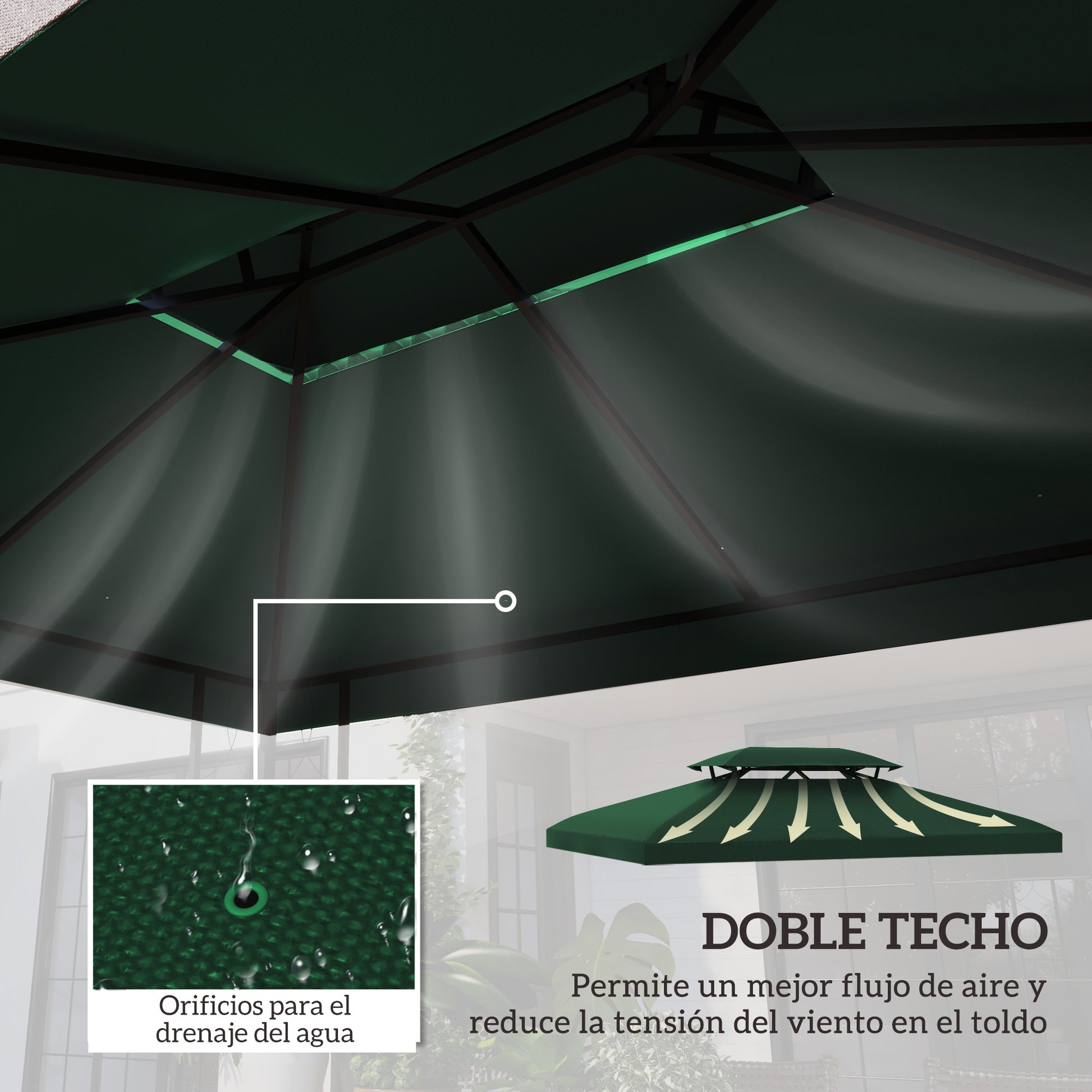 Outsunny Techo de Repuesto para Cenador 4x3 m Cubierta de Repuesto con Techo Doble 10 Orificios de Drenaje y Protección UV Toldo de Recambio para Pabellón Gazebo Verde