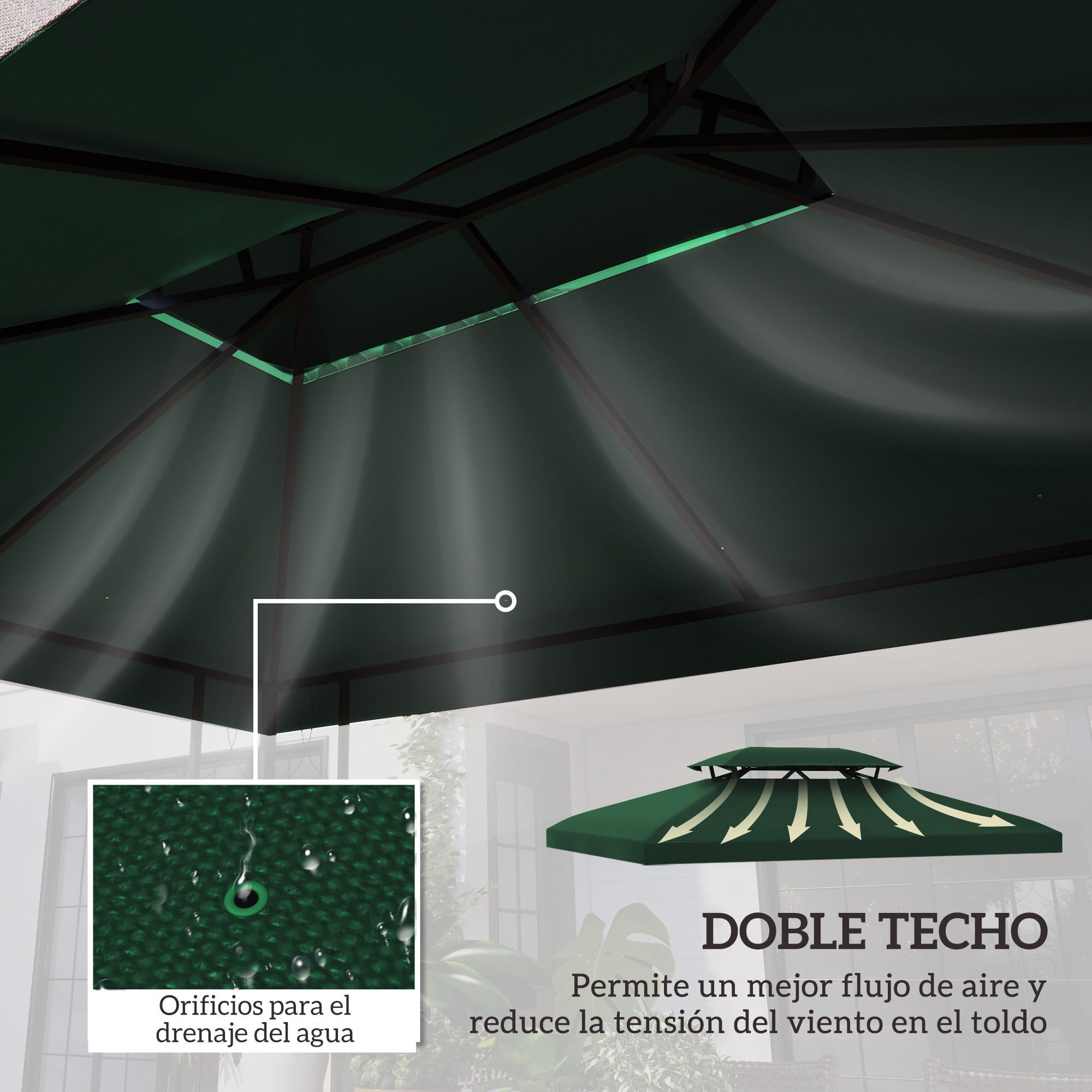 Outsunny Techo de Repuesto para Cenador 4x3 m Cubierta de Repuesto con Techo Doble 10 Orificios de Drenaje y Protección UV Toldo de Recambio para Pabellón Gazebo Verde