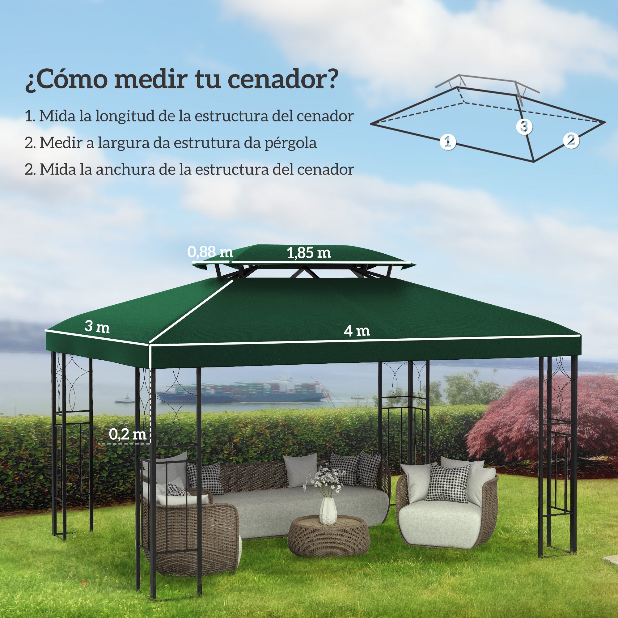 Outsunny Techo de Repuesto para Cenador 4x3 m Cubierta de Repuesto con Techo Doble 10 Orificios de Drenaje y Protección UV Toldo de Recambio para Pabellón Gazebo Verde
