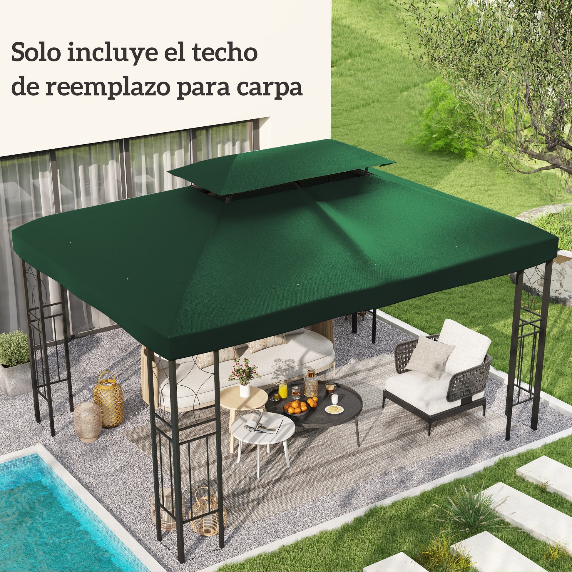 Outsunny Techo de Repuesto para Cenador 4x3 m Cubierta de Repuesto con Techo Doble 10 Orificios de Drenaje y Protección UV Toldo de Recambio para Pabellón Gazebo Verde