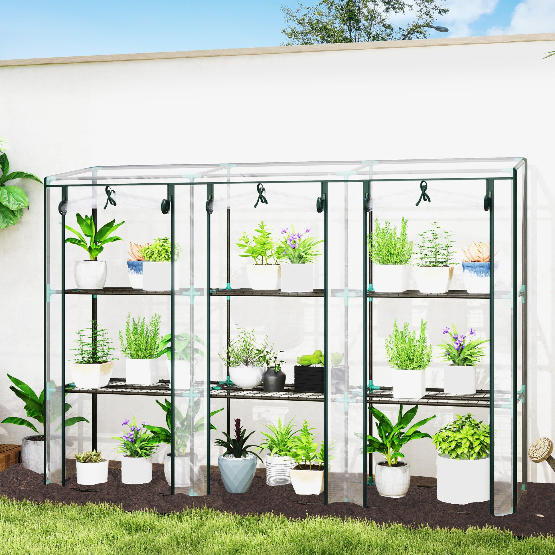 Outsunny Invernadero Pequeño Invernadero de Exterior con Estantes de 3 Niveles Puertas con Cremallera y Marco de Acero Invernadero para Cultivar Plantas Flores 215x46x151 cm Transparente