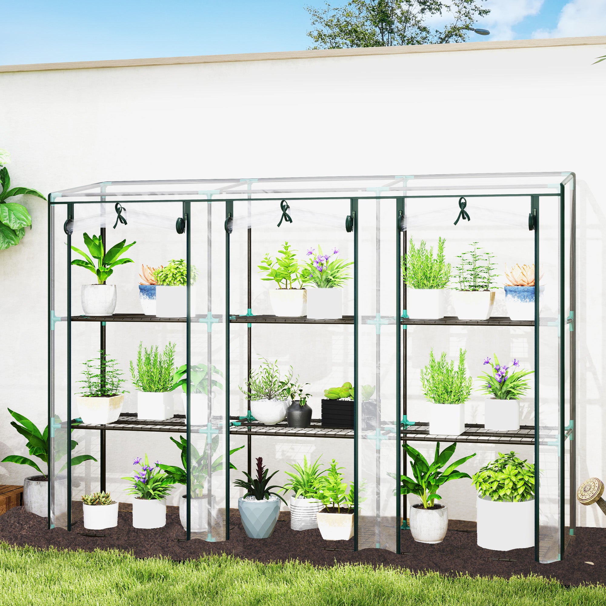 Outsunny Invernadero Pequeño Invernadero de Exterior con Estantes de 3 Niveles Puertas con Cremallera y Marco de Acero Invernadero para Cultivar Plantas Flores 215x46x151 cm Transparente