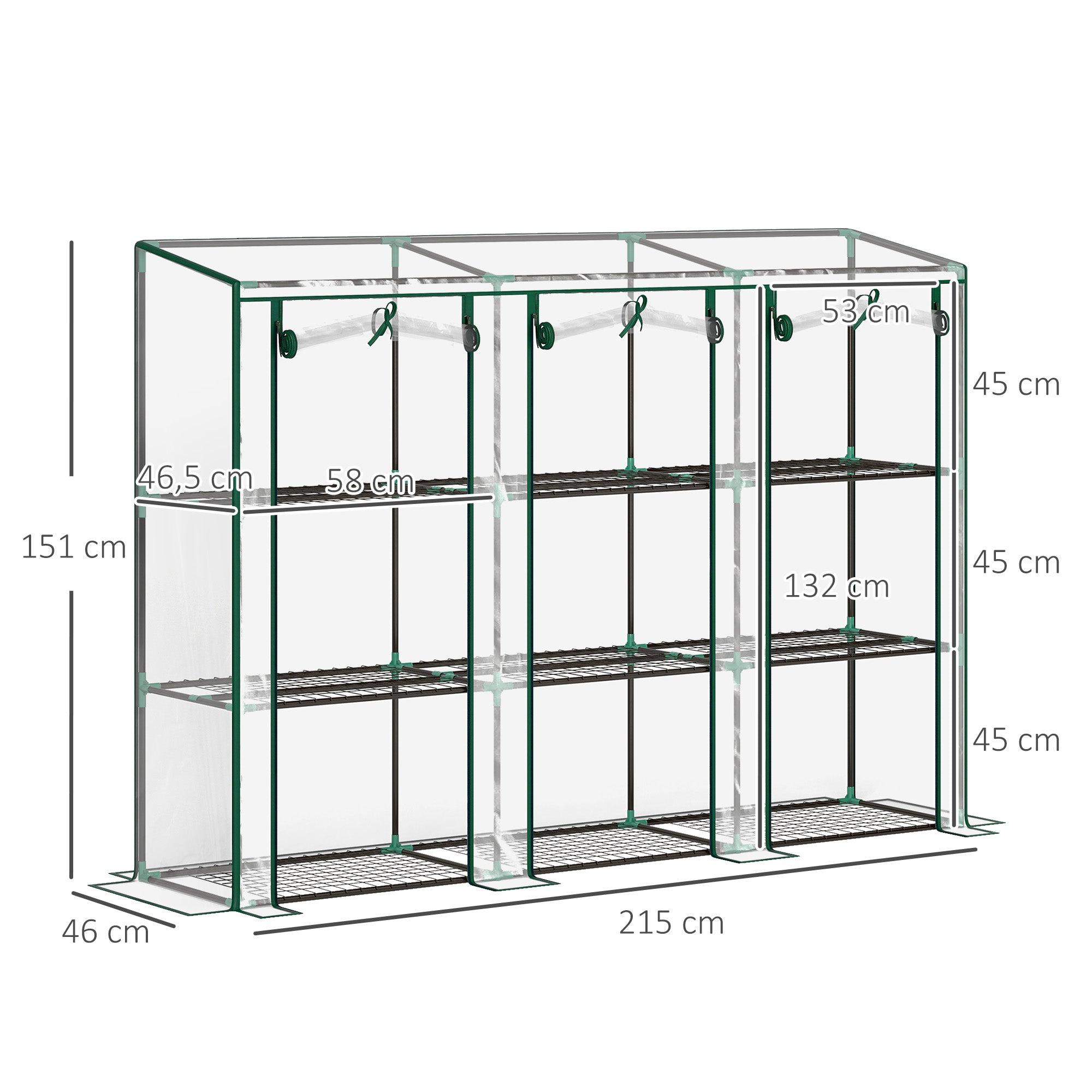 Outsunny Invernadero Pequeño Invernadero de Exterior con Estantes de 3 Niveles Puertas con Cremallera y Marco de Acero Invernadero para Cultivar Plantas Flores 215x46x151 cm Transparente