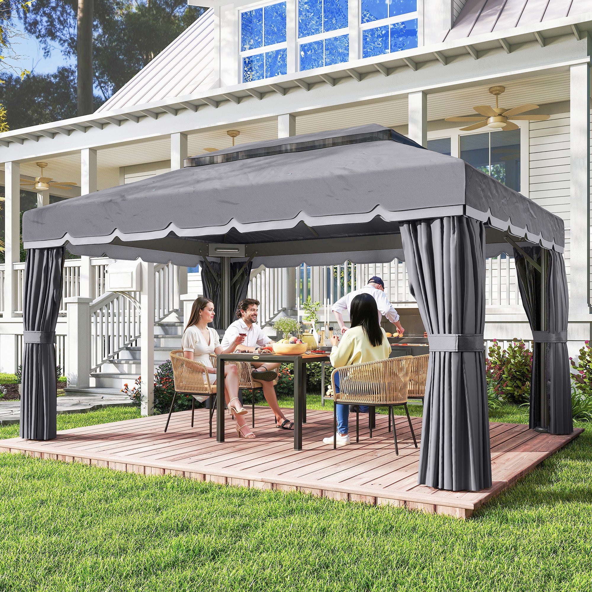Outsunny Cenador de Jardín 4x3 m, Pabellón de Jardín Gazebo con Doble Techo, 4 Cortinas y Mosquitera, Marco de Aluminio, Orificios de Drenaje, UPF50+, Carpa para Exterior, Terraza, Patio, Gris Oscuro