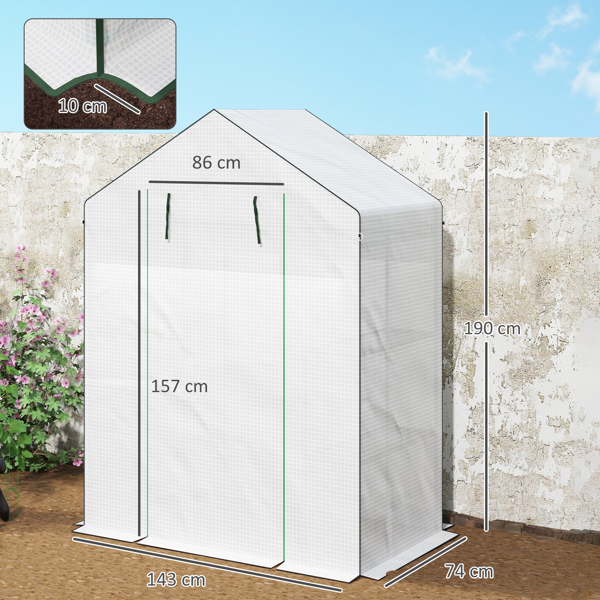 Outsunny Invernadero de Exterior Invernadero Pequeño de 3 Niveles con 6 Estantes Puerta Enrollable Cubierta de PE y Marco de Acero para Cultivos Plantas Flores 143x74x190 cm Blanco