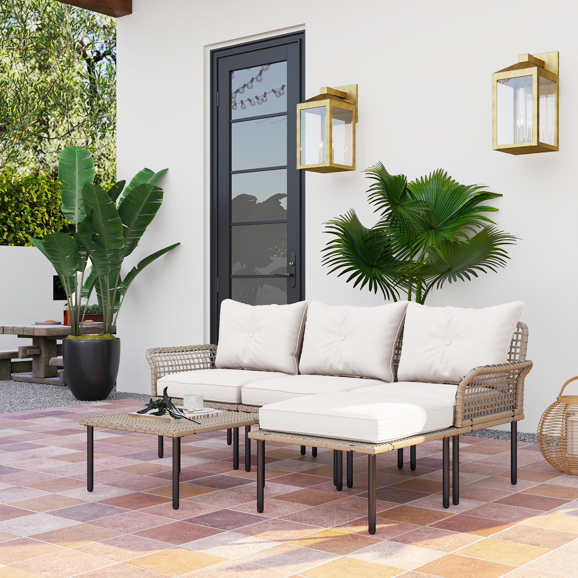 Outsunny Conjunto de Jardín Exterior de Ratán Sintético de 5 Piezas Muebles de Jardín Exterior Incluye 2 Sofás Esquineras 1 Sofá de Exterior 1 Taburete 1 Mesa de Centro con Cojines Crema