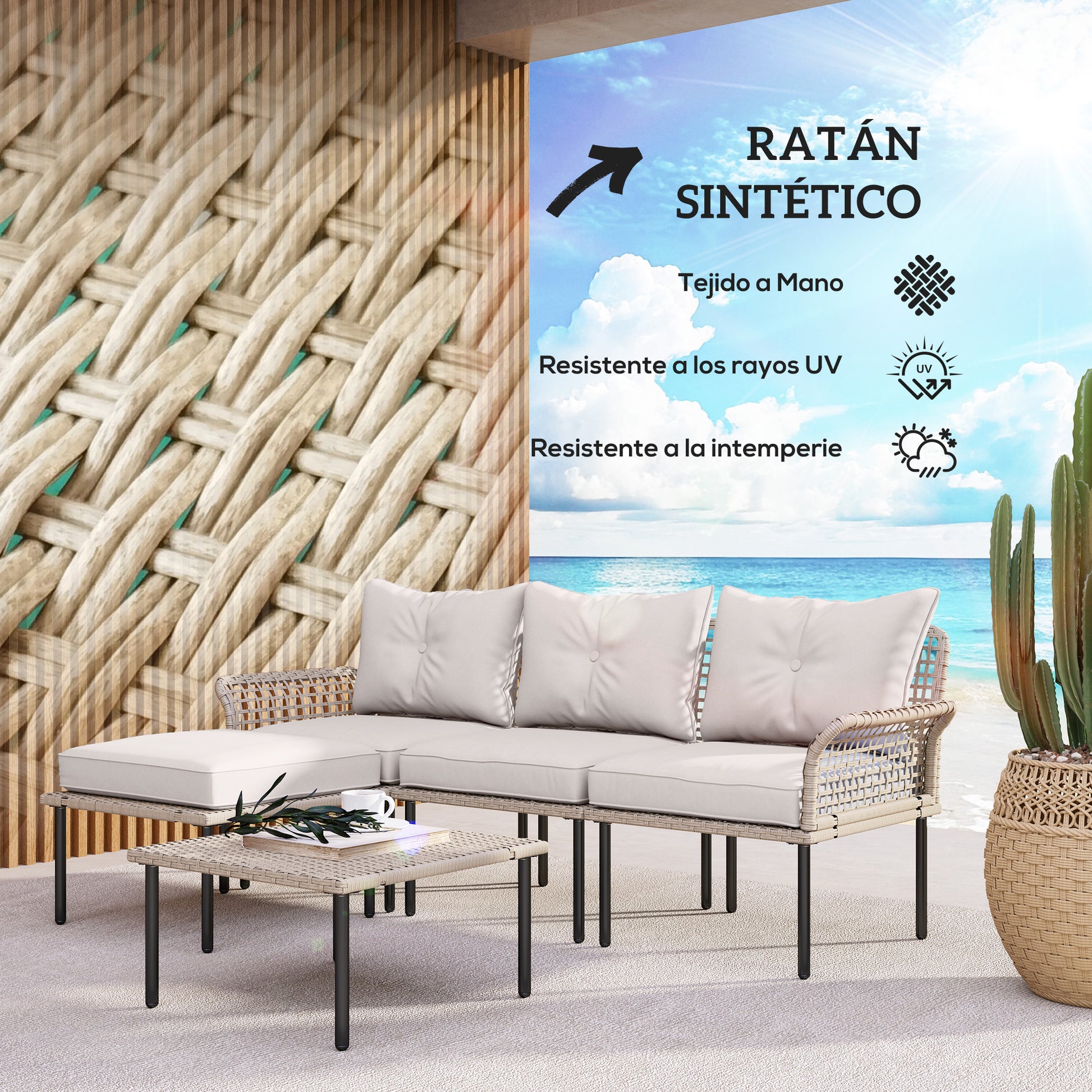 Outsunny Conjunto de Jardín Exterior de Ratán Sintético de 5 Piezas Muebles de Jardín Exterior Incluye 2 Sofás Esquineras 1 Sofá de Exterior 1 Taburete 1 Mesa de Centro con Cojines Crema