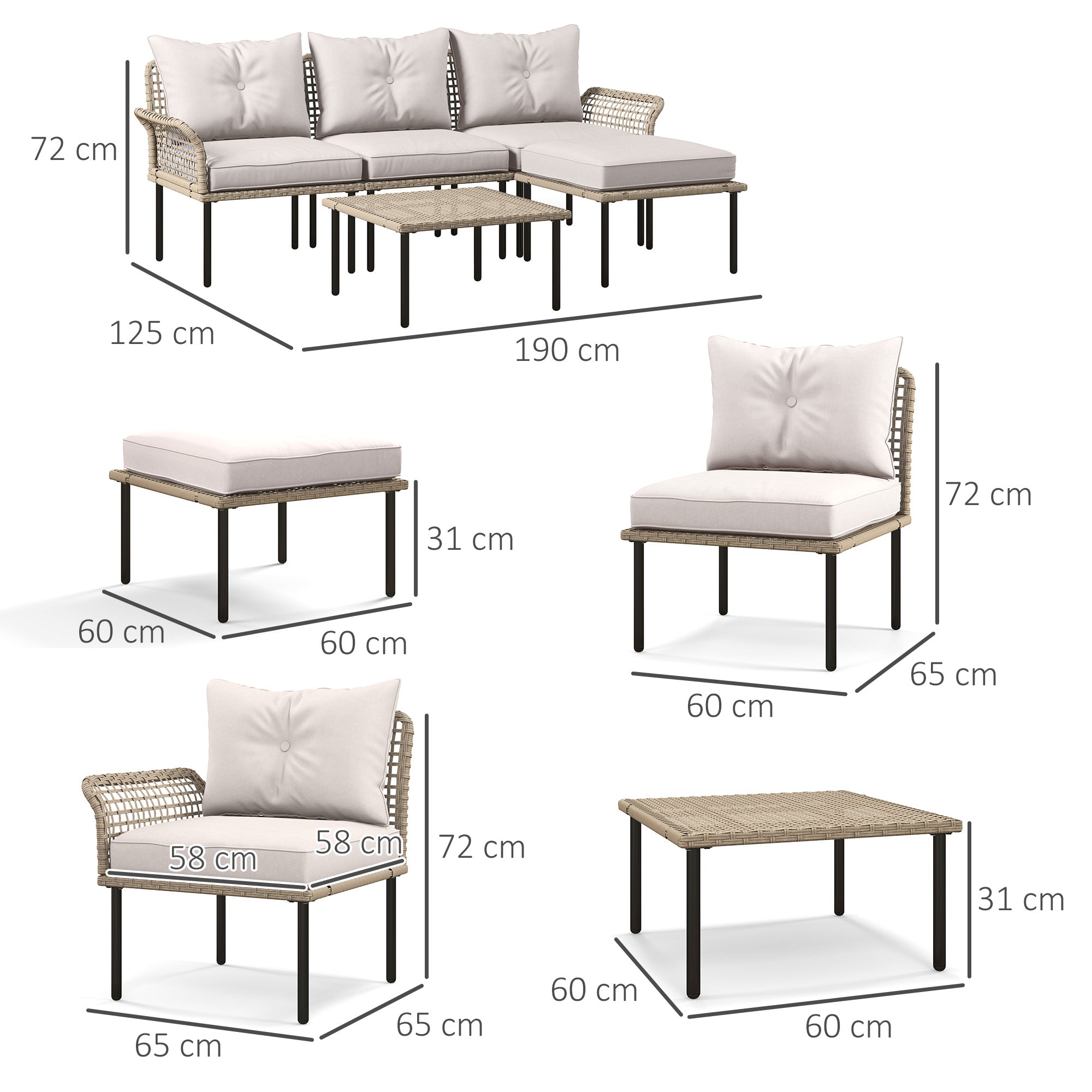 Outsunny Conjunto de Jardín Exterior de Ratán Sintético de 5 Piezas Muebles de Jardín Exterior Incluye 2 Sofás Esquineras 1 Sofá de Exterior 1 Taburete 1 Mesa de Centro con Cojines Crema