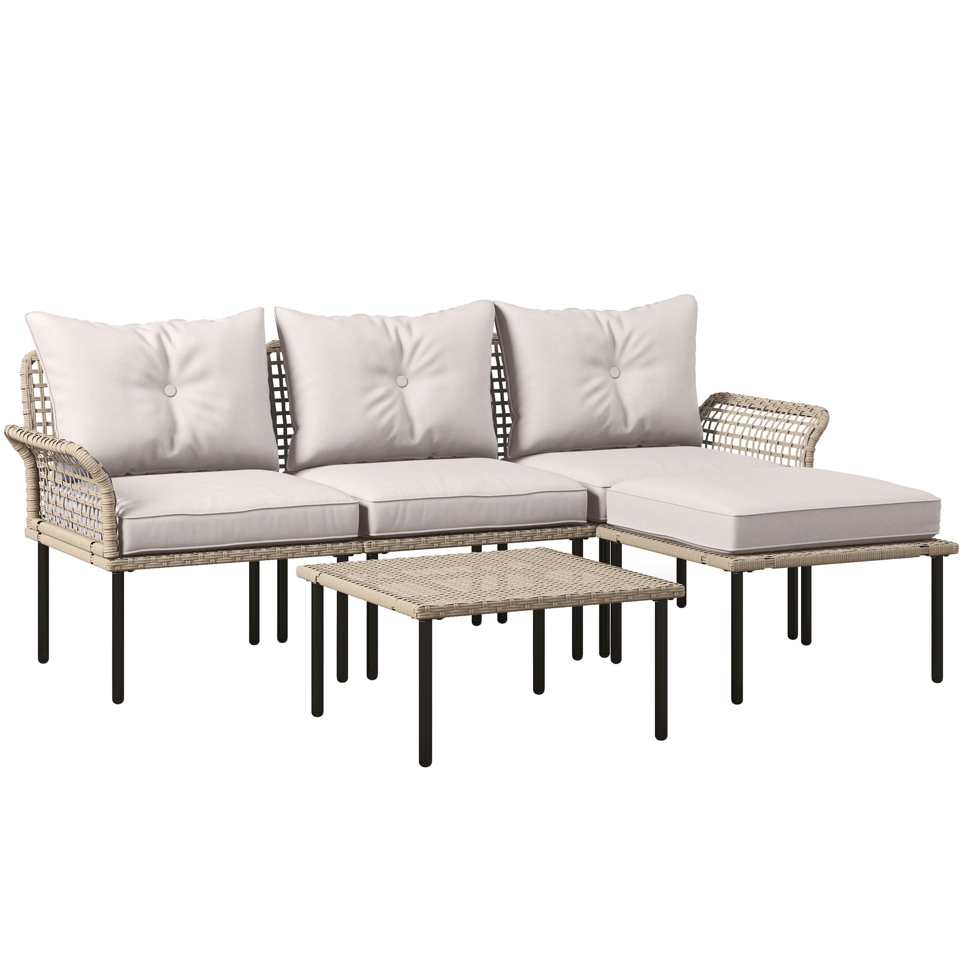 Outsunny Conjunto de Jardín Exterior de Ratán Sintético de 5 Piezas Muebles de Jardín Exterior Incluye 2 Sofás Esquineras 1 Sofá de Exterior 1 Taburete 1 Mesa de Centro con Cojines Crema