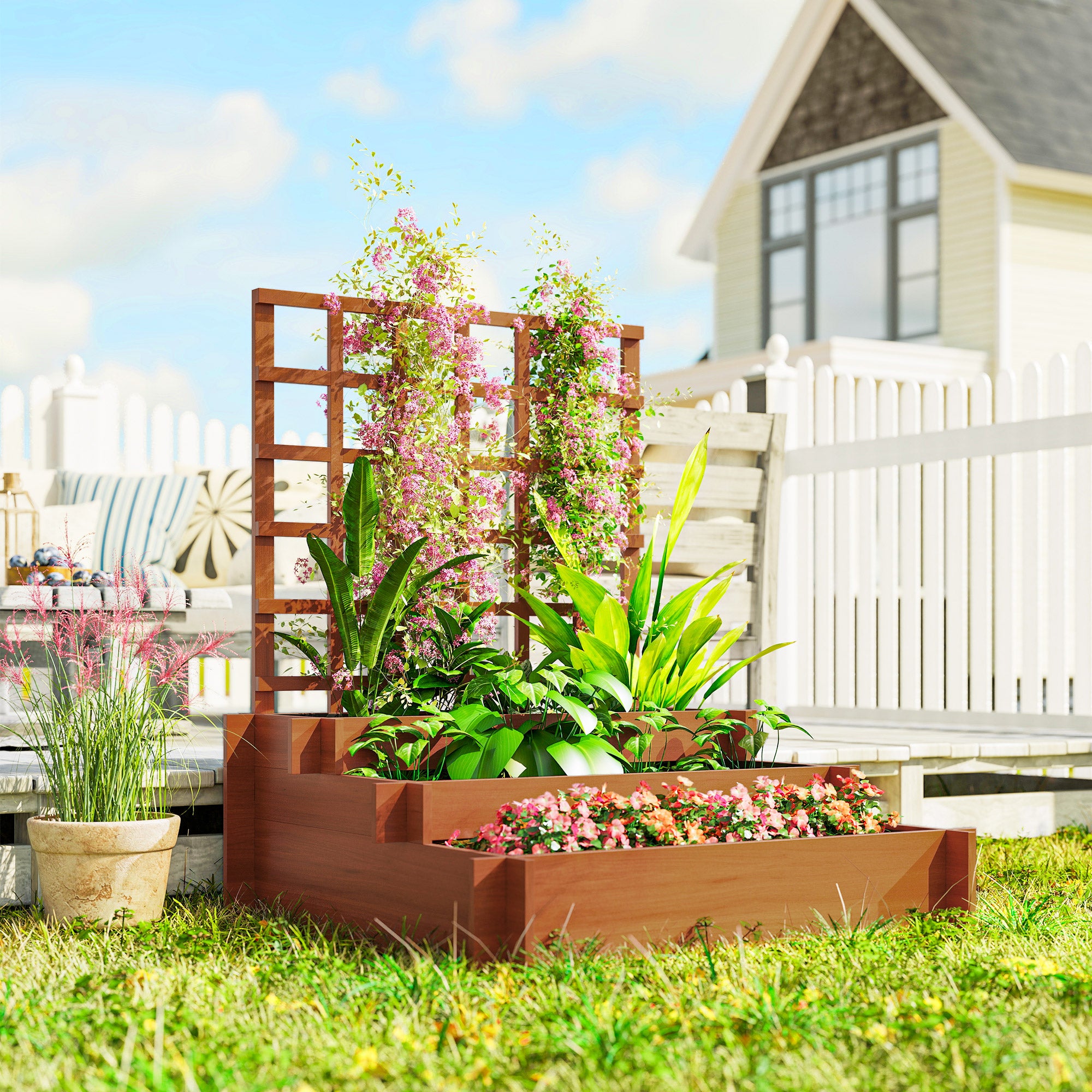 Outsunny Jardinera con Enrejado de 3 Niveles, Jardinera Exterior Grande de Madera para Plantas Trepadoras, con Tela no Tejida, Macetero Elevado para Jardín, Patio, Terraza, 95x95x110 cm, Marrón