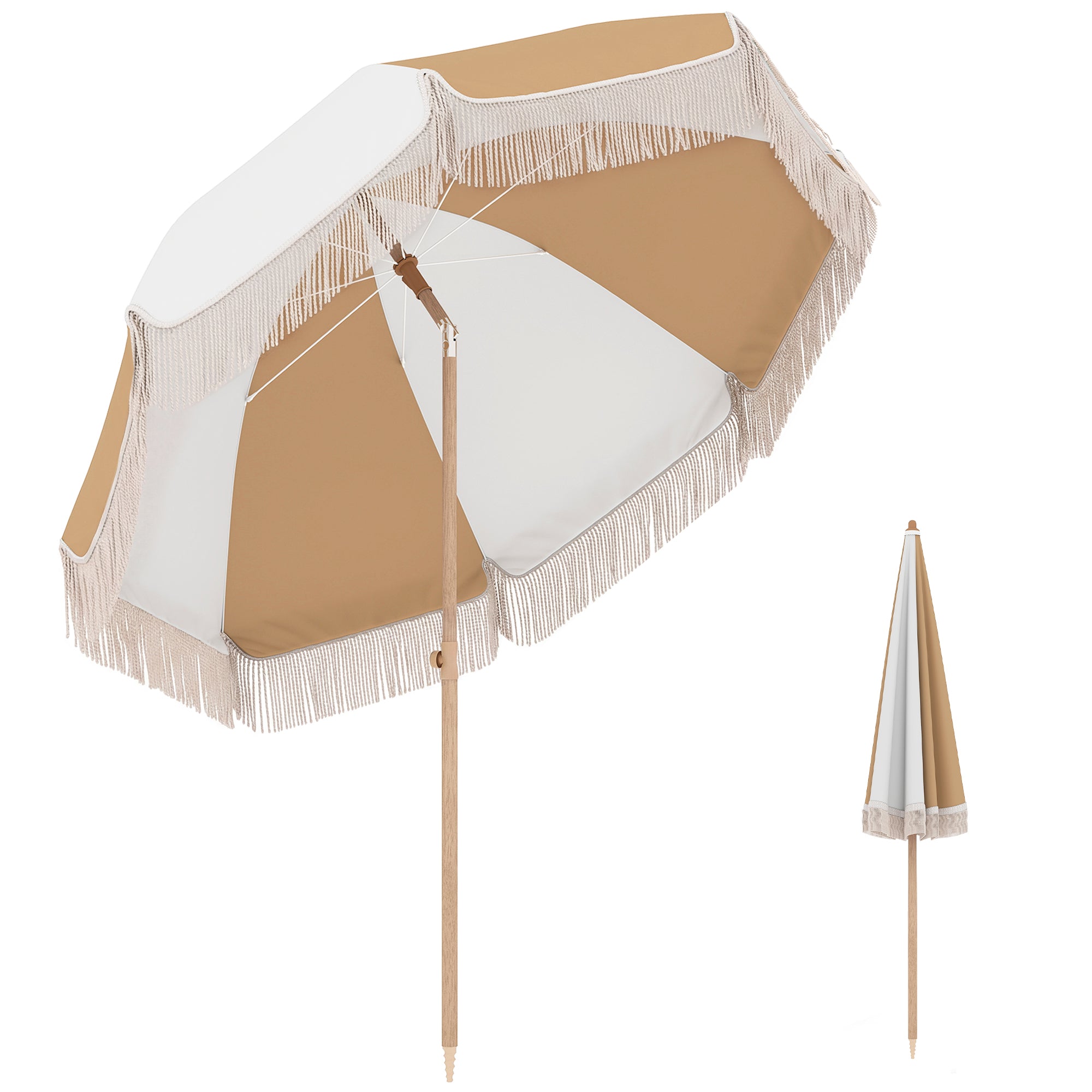 Outsunny Sombrilla de Playa con Flecos Ø175 cm, Sombrilla de Terraza Exterior con Altura Ajustable, Inclinación 30°, Anclaje Arena, UPF30+ y Bolsa de Transporte, Blanco y Beige