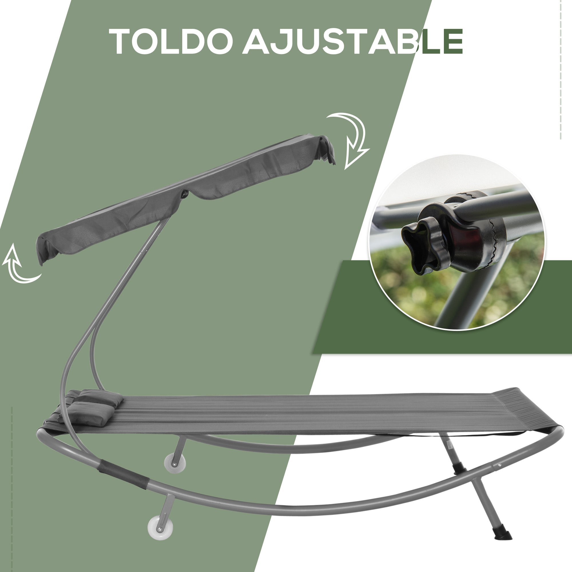 Outsunny Tumbona Doble de Jardín con Toldo Ajustable Tumbona de Jardín Exterior con 2 Cojines para 2 Personas Tumbona de Piscina con 2 Ruedas 200x175x134 cm Gris