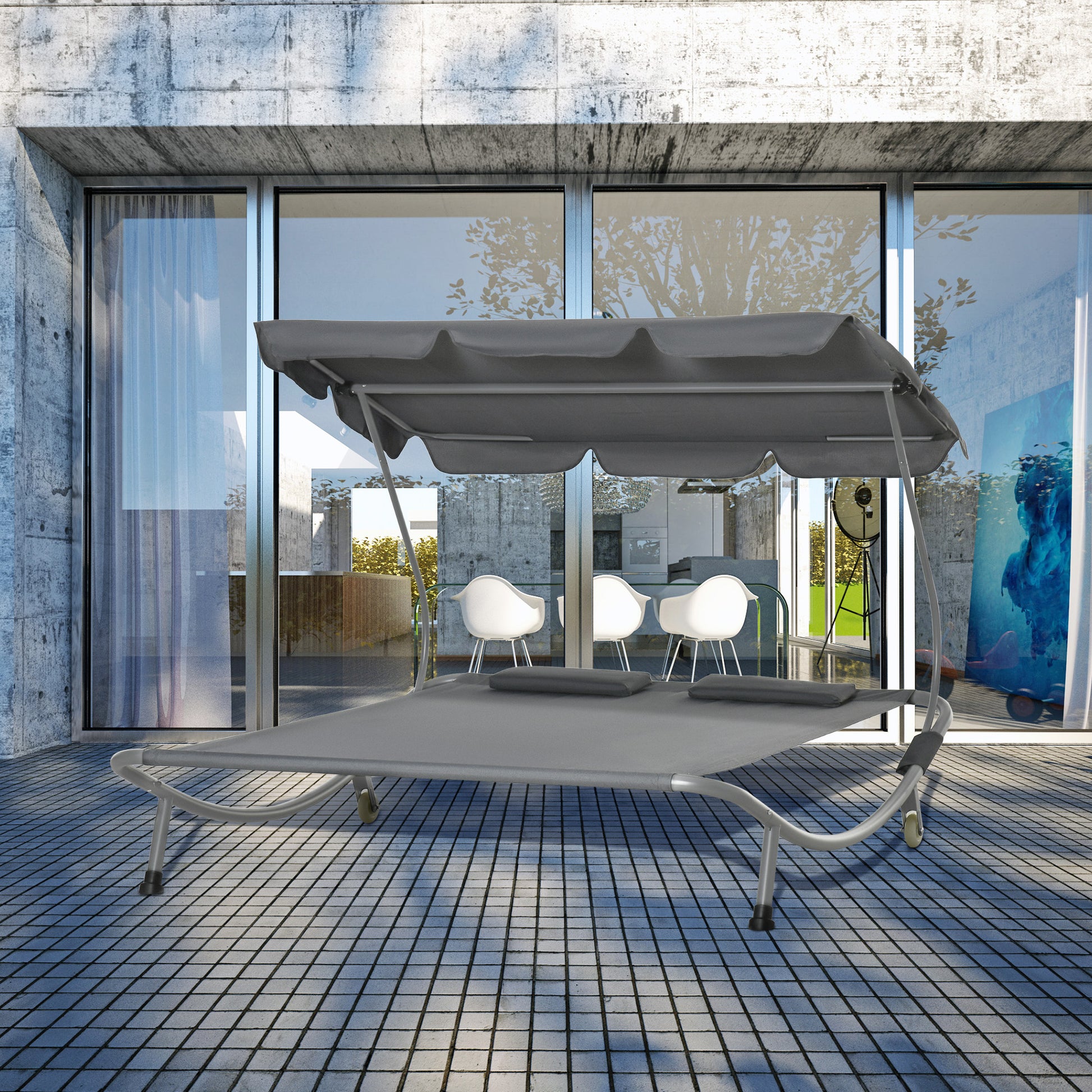 Outsunny Tumbona Doble de Jardín con Toldo Ajustable Tumbona de Jardín Exterior con 2 Cojines para 2 Personas Tumbona de Piscina con 2 Ruedas 200x175x134 cm Gris