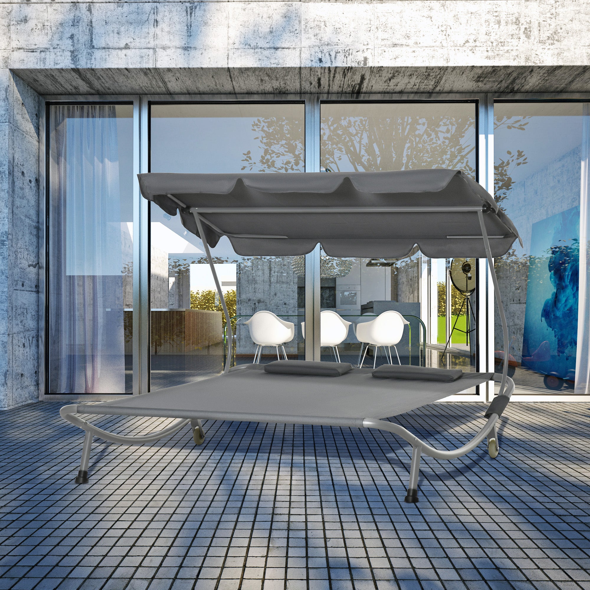 Outsunny Tumbona Doble de Jardín con Toldo Ajustable Tumbona de Jardín Exterior con 2 Cojines para 2 Personas Tumbona de Piscina con 2 Ruedas 200x175x134 cm Gris