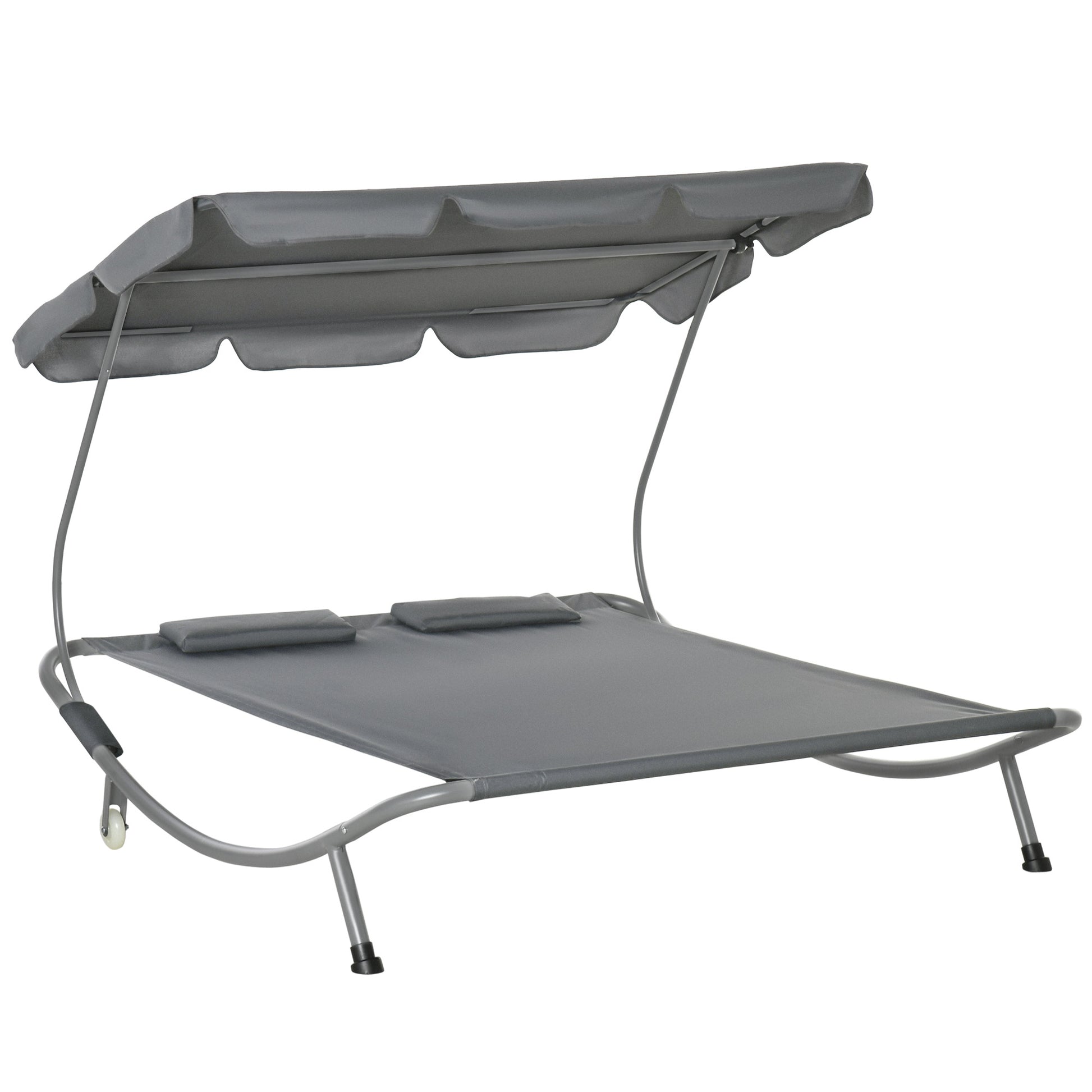 Outsunny Tumbona Doble de Jardín con Toldo Ajustable Tumbona de Jardín Exterior con 2 Cojines para 2 Personas Tumbona de Piscina con 2 Ruedas 200x175x134 cm Gris