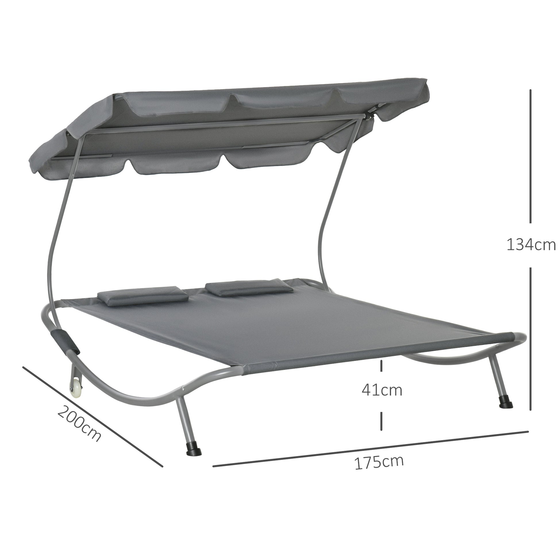 Outsunny Tumbona Doble de Jardín con Toldo Ajustable Tumbona de Jardín Exterior con 2 Cojines para 2 Personas Tumbona de Piscina con 2 Ruedas 200x175x134 cm Gris