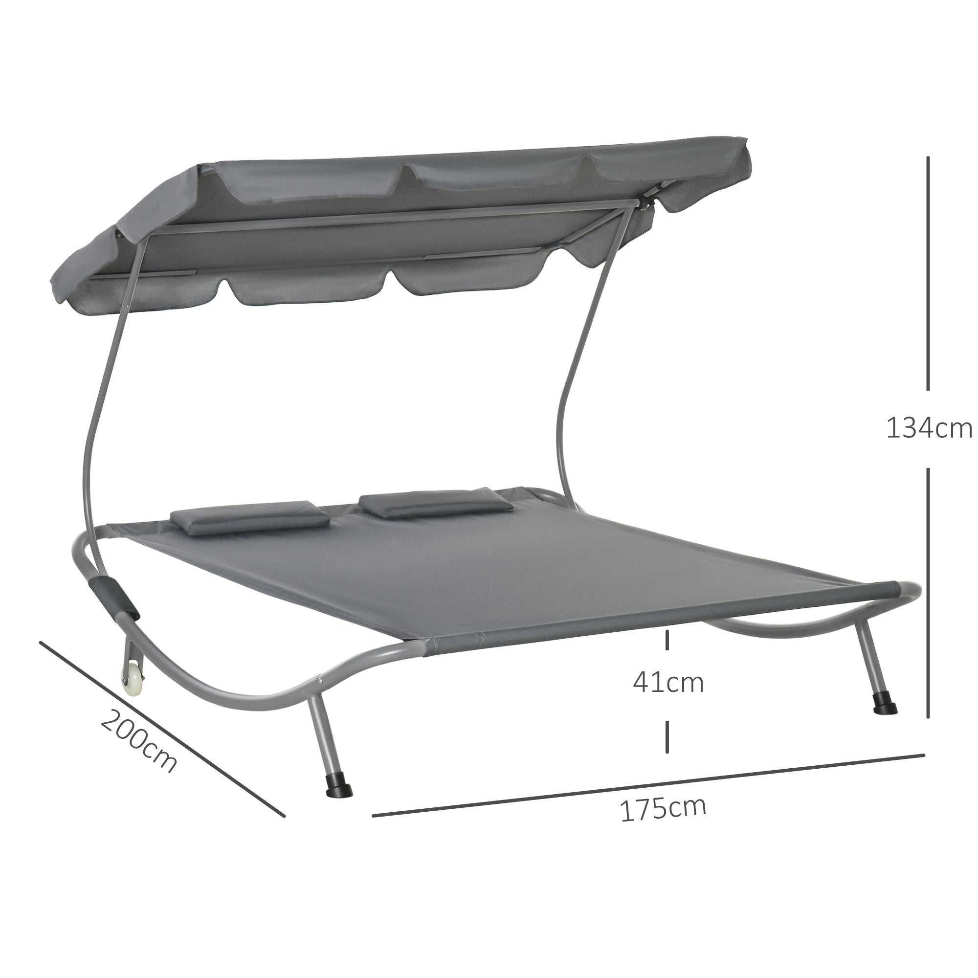 Outsunny Tumbona Doble de Jardín con Toldo Ajustable Tumbona de Jardín Exterior con 2 Cojines para 2 Personas Tumbona de Piscina con 2 Ruedas 200x175x134 cm Gris