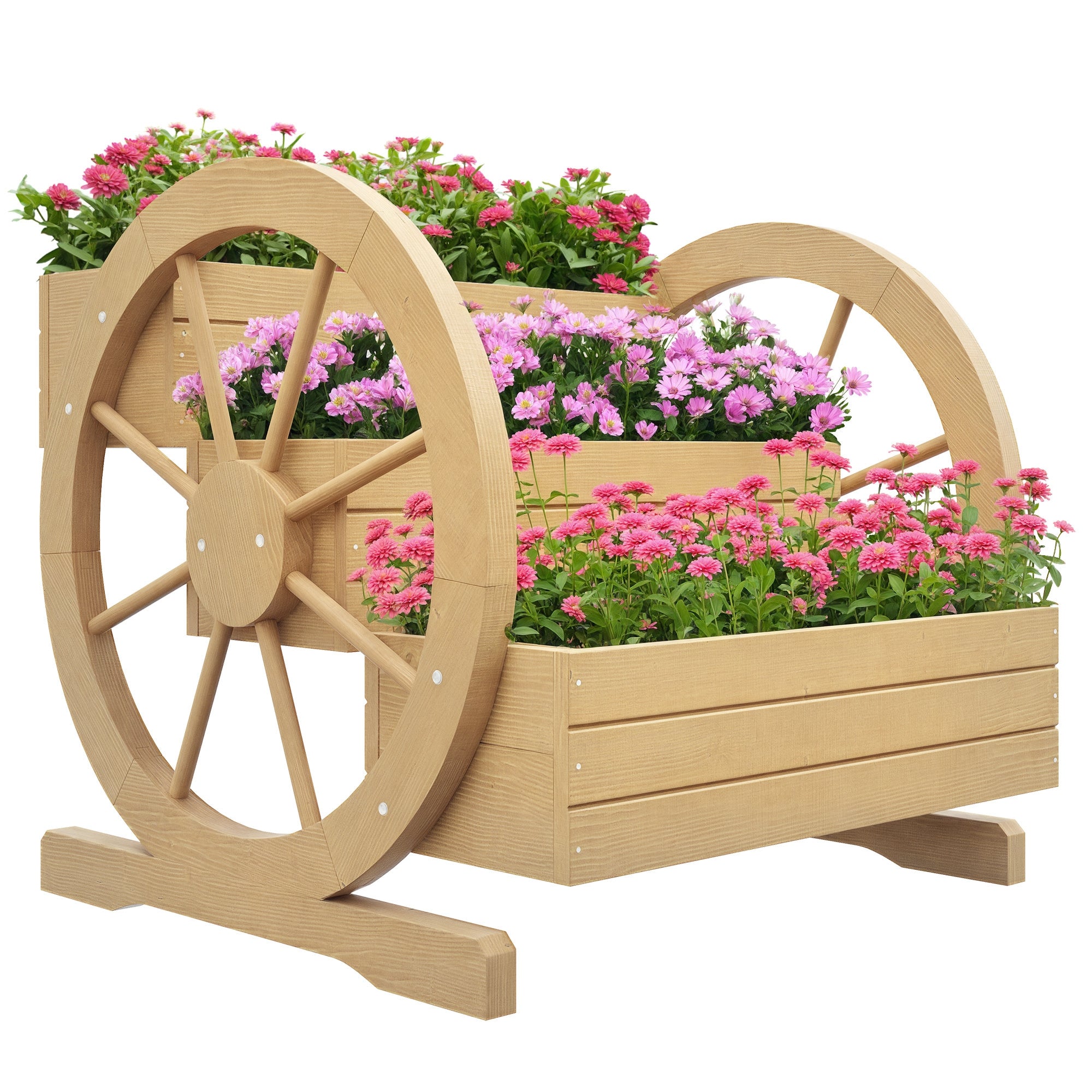 Outsunny Jardinera de Madera Macetero Exterior de 3 Niveles Diseño de Escalera y Forma de Ruedas Orificios de Drenaje Huerto Urbano para Cultivos Plantas Flores en Terraza Jardín 61x62x57 cm Natural