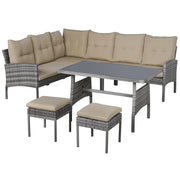 Outsunny Conjunto de Muebles de Ratán 6 Piezas de Jardín Juego de Sofás de 2 Plazas Taburete y Mesa de Comedor con Cojines Acolchados Patio Terraza Balcón Gris y Caqui