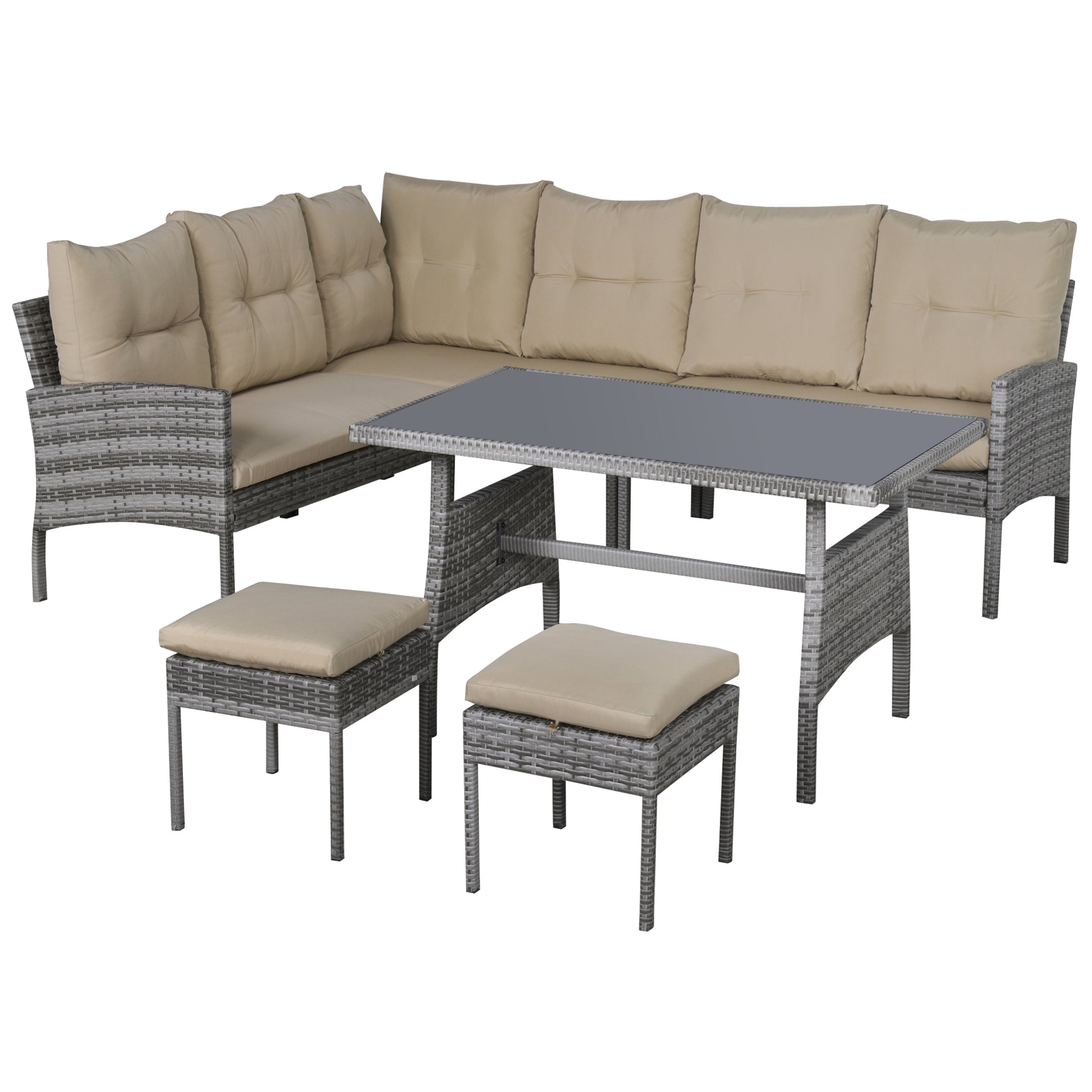 Outsunny Conjunto de Muebles de Ratán 6 Piezas de Jardín Juego de Sofás de 2 Plazas Taburete y Mesa de Comedor con Cojines Acolchados Patio Terraza Balcón Gris y Caqui