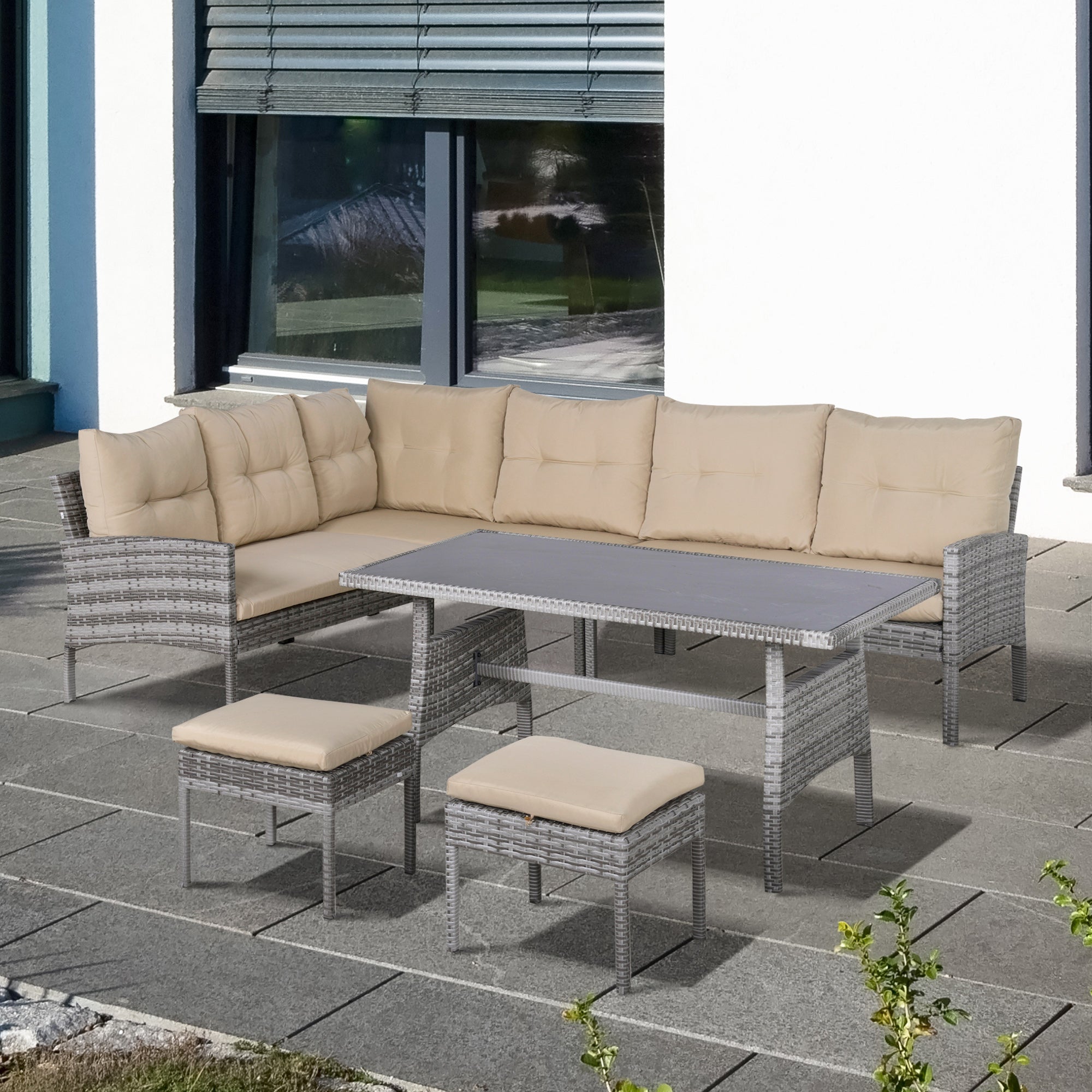 Outsunny Conjunto de Muebles de Ratán 6 Piezas de Jardín Juego de Sofás de 2 Plazas Taburete y Mesa de Comedor con Cojines Acolchados Patio Terraza Balcón Gris y Caqui
