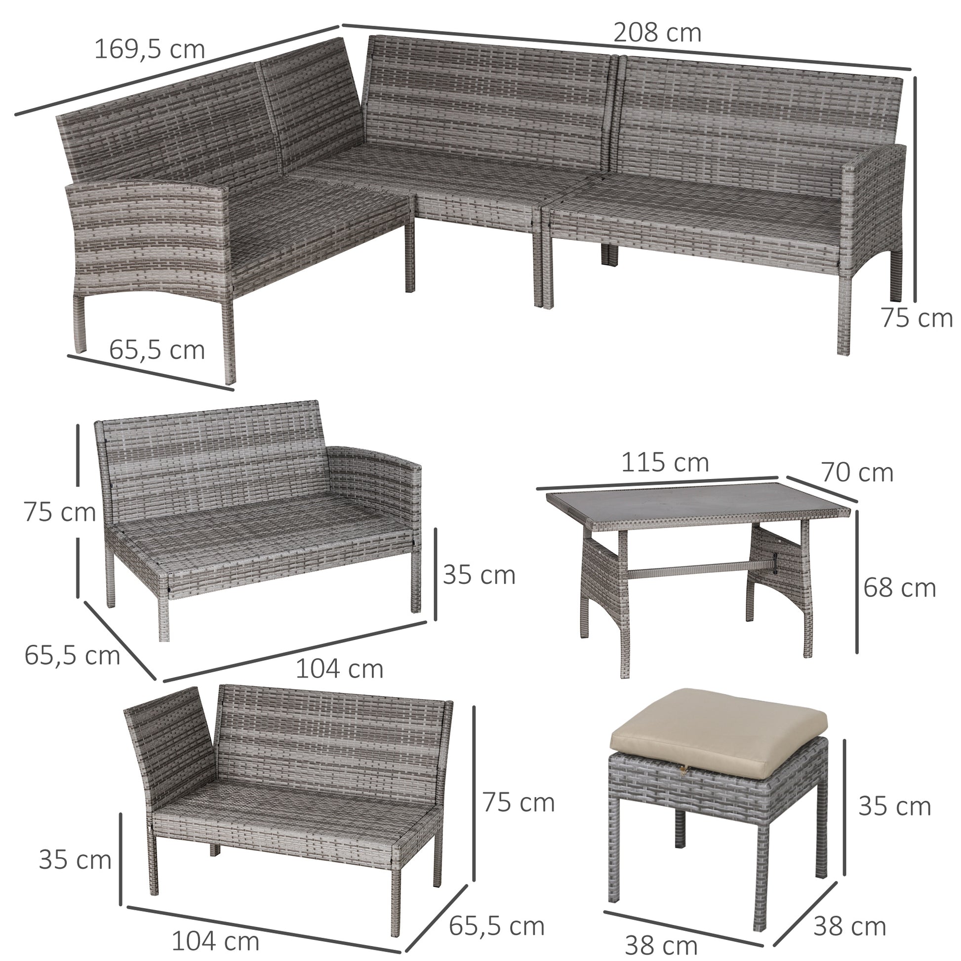 Outsunny Conjunto de Muebles de Ratán 6 Piezas de Jardín Juego de Sofás de 2 Plazas Taburete y Mesa de Comedor con Cojines Acolchados Patio Terraza Balcón Gris y Caqui