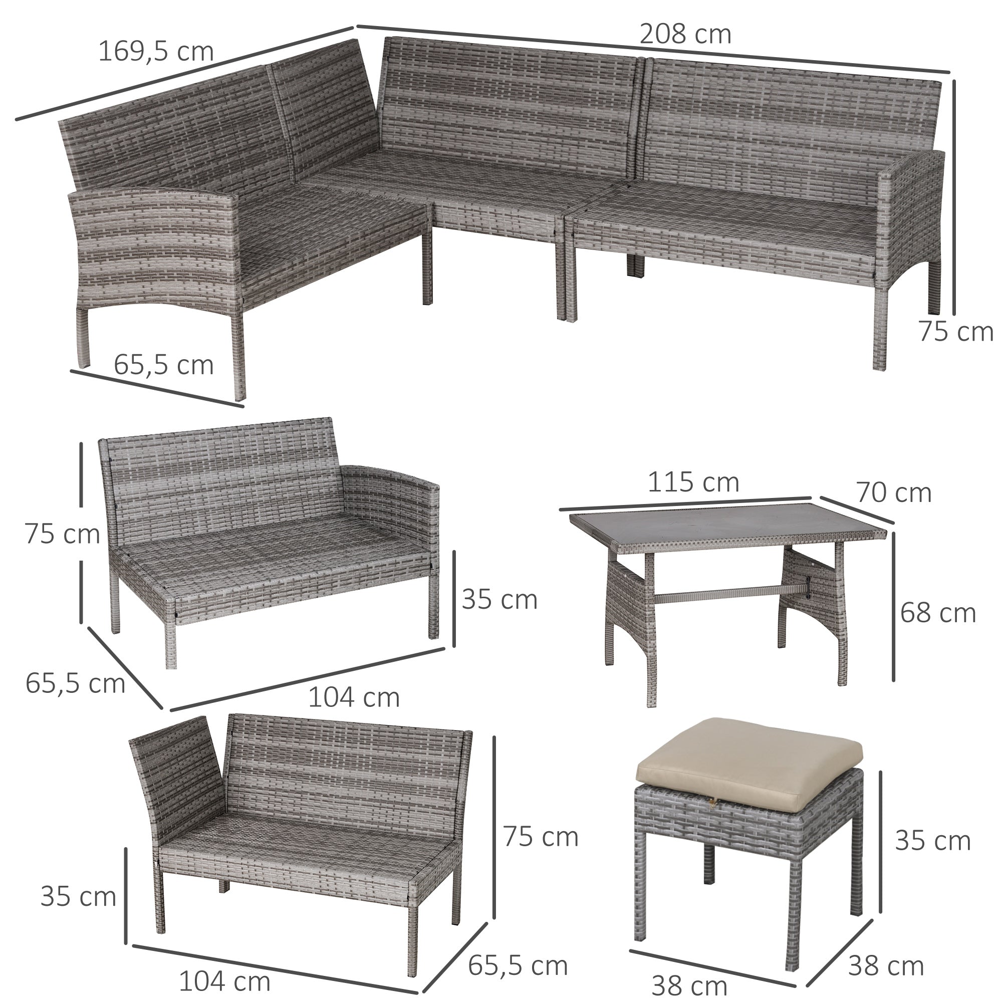 Outsunny Conjunto de Muebles de Ratán 6 Piezas de Jardín Juego de Sofás de 2 Plazas Taburete y Mesa de Comedor con Cojines Acolchados Patio Terraza Balcón Gris y Caqui