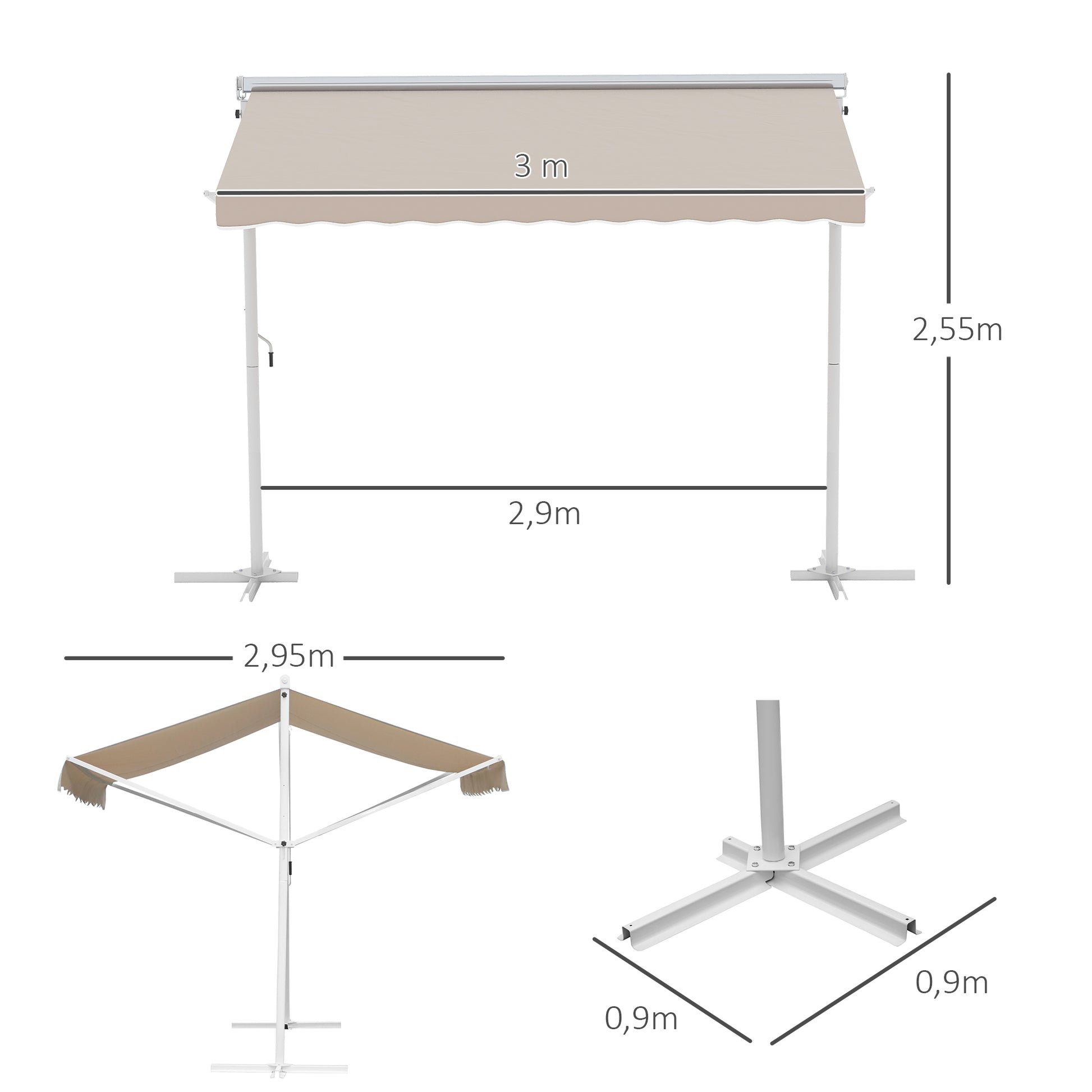 Outsunny Toldo de Pie Independiente 300x295x255 cm con Manivela Doble Cara Ángulo Ajustable Portátil Protección Solar para Jardín Terraza Patio Beige