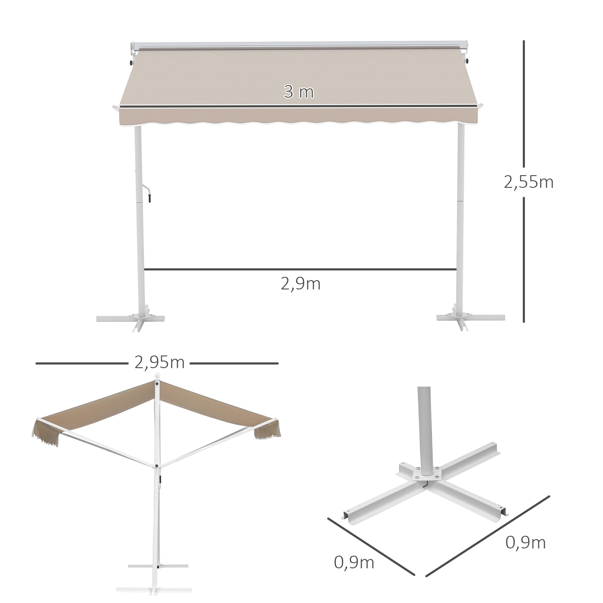 Outsunny Toldo de Pie Independiente 300x295x255 cm con Manivela Doble Cara Ángulo Ajustable Portátil Protección Solar para Jardín Terraza Patio Beige