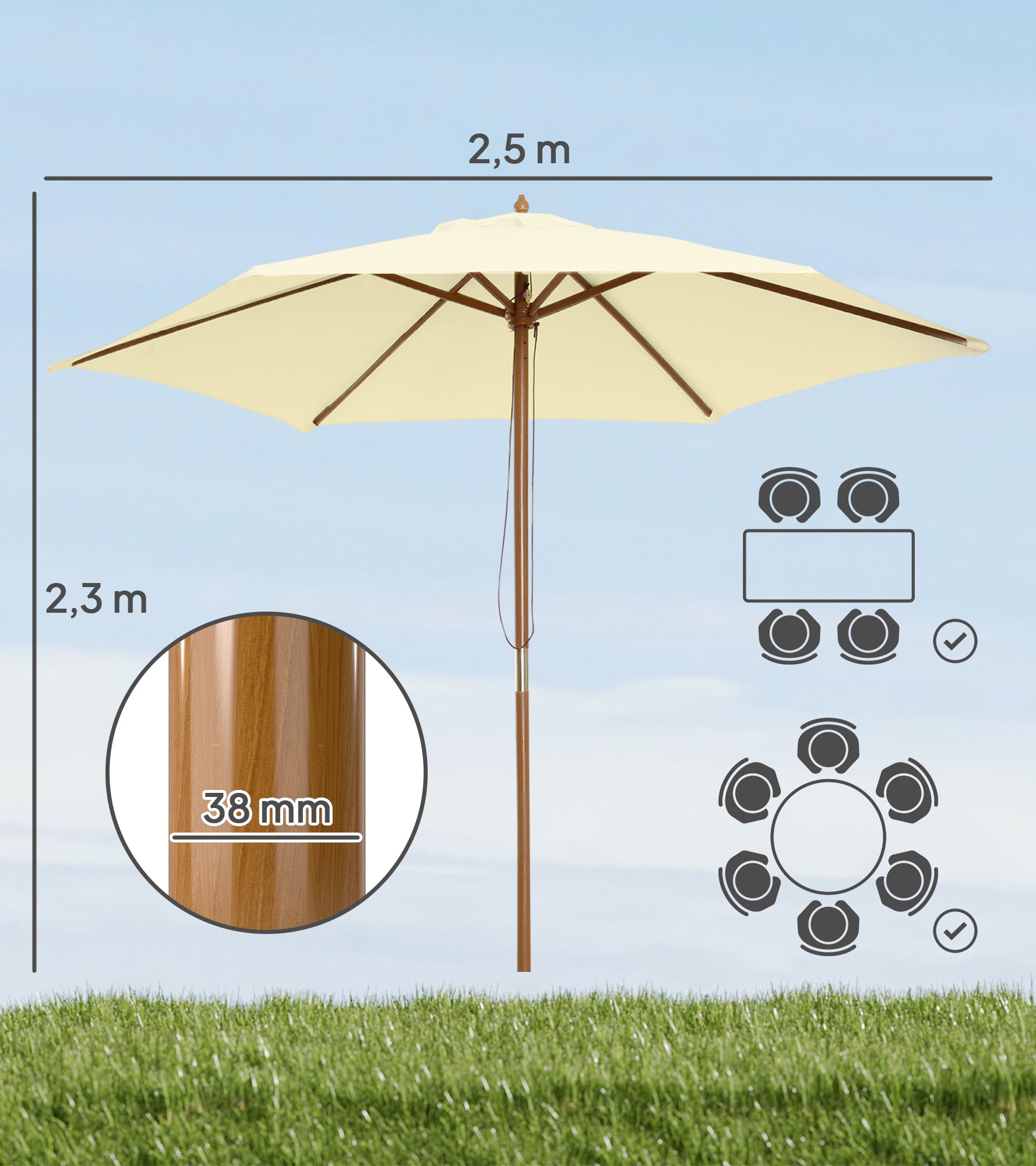 Outsunny Sombrilla de Jardín Ø250x230 cm Parasol de Terraza con 6 Varillas Poste Desmontable Anti-UV Impermeable y Marco de Madera para Playa Patio Crema