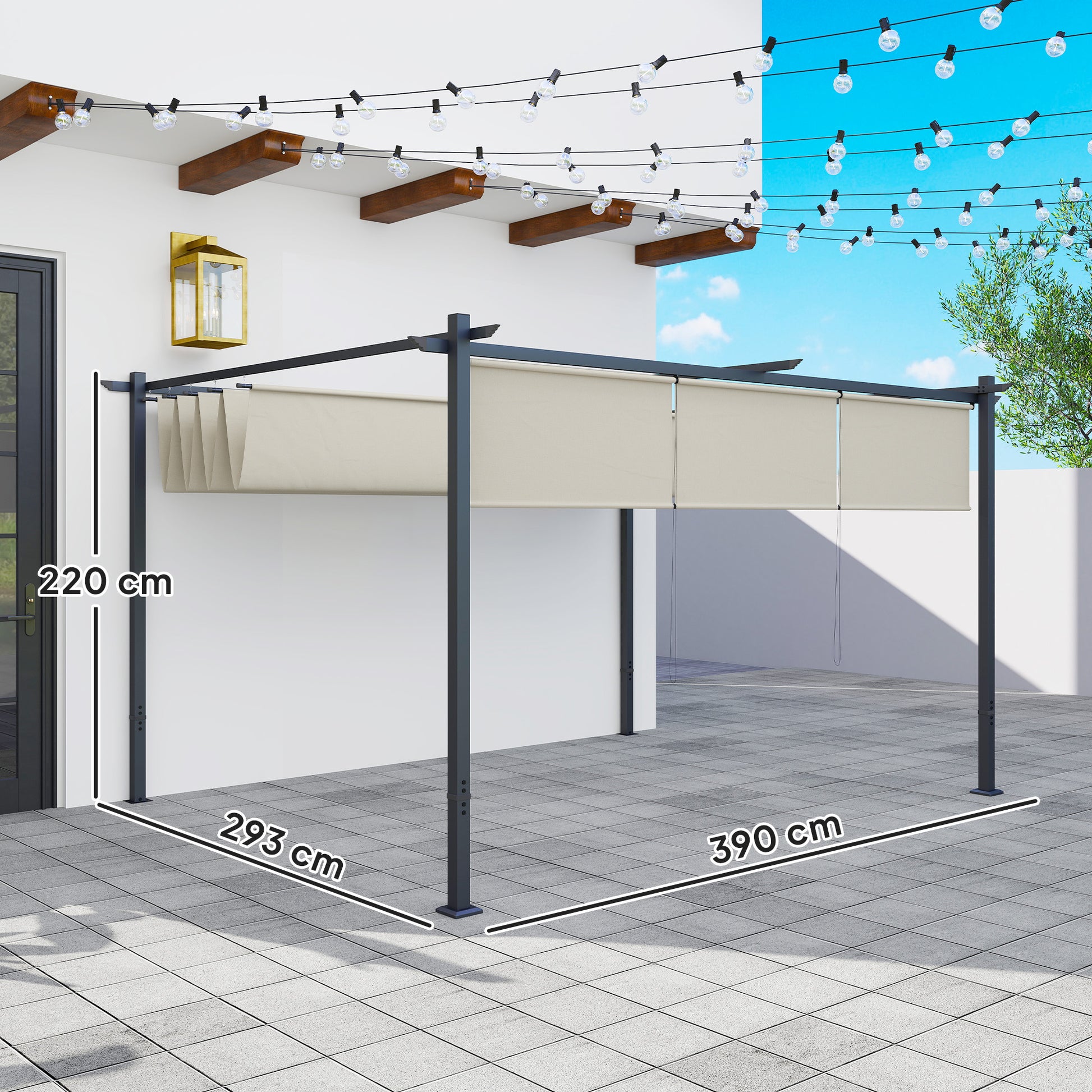 Outsunny Pérgola con Techo Retráctil Pérgola de 4x3 m Cenador de Pared o Independiente con Laterales Enrollables Protección UV30+ Pabellón para Jardín Patio Terraza Exterior Beige