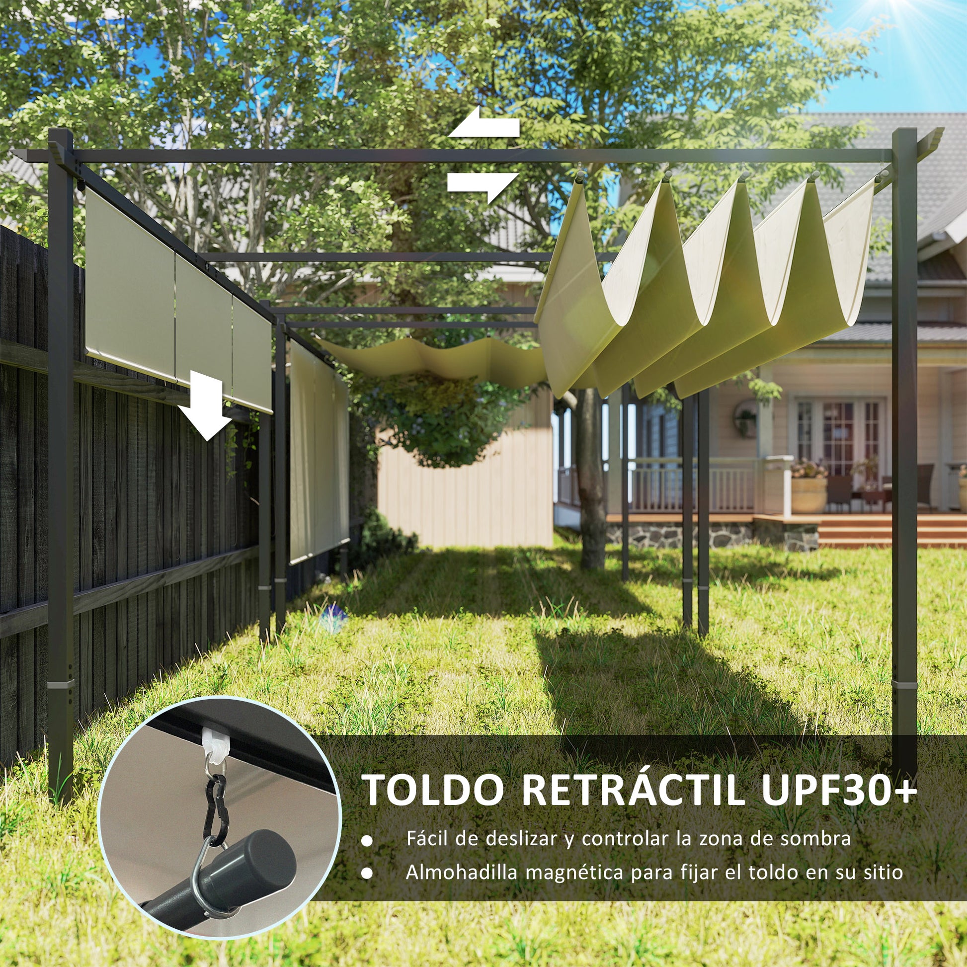 Outsunny Pérgola con Techo Retráctil Pérgola de 4x3 m Cenador de Pared o Independiente con Laterales Enrollables Protección UV30+ Pabellón para Jardín Patio Terraza Exterior Beige