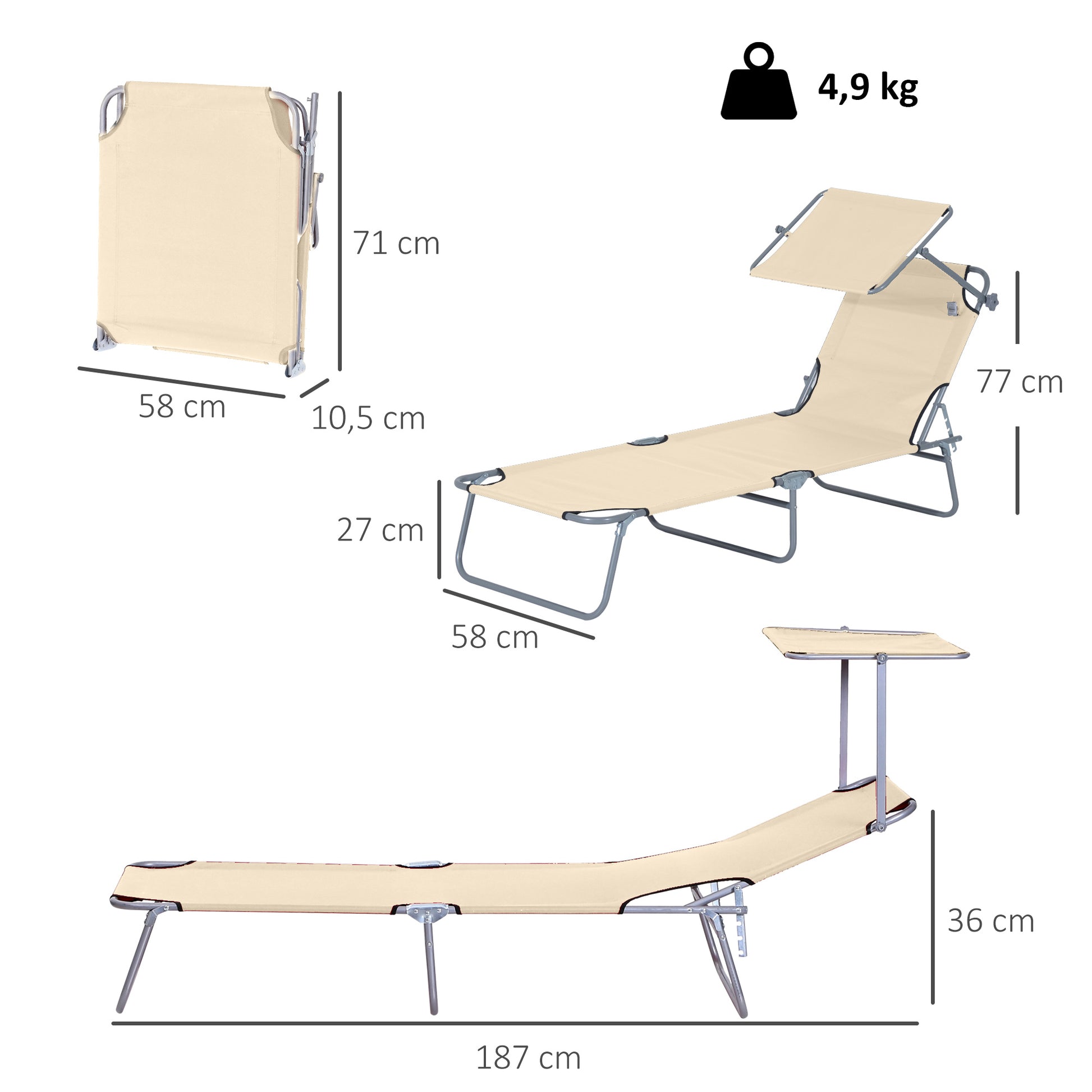 Outsunny Tumbona Plegable Tumbona de Jardín Exterior Reclinable con Toldo Desmontable con Ángulo Regulable Respaldo Ajustable en 4 Niveles para Terraza Piscina Patio 187x58x36 cm Beige
