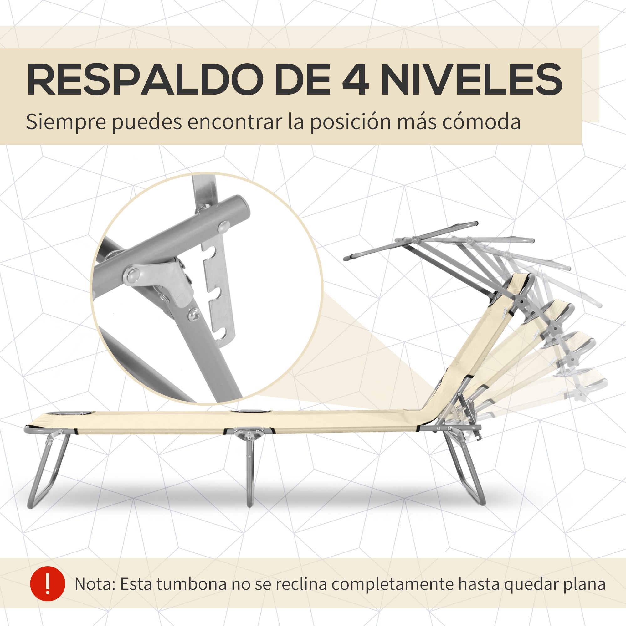 Outsunny Tumbona Plegable Tumbona de Jardín Exterior Reclinable con Toldo Desmontable con Ángulo Regulable Respaldo Ajustable en 4 Niveles para Terraza Piscina Patio 187x58x36 cm Beige