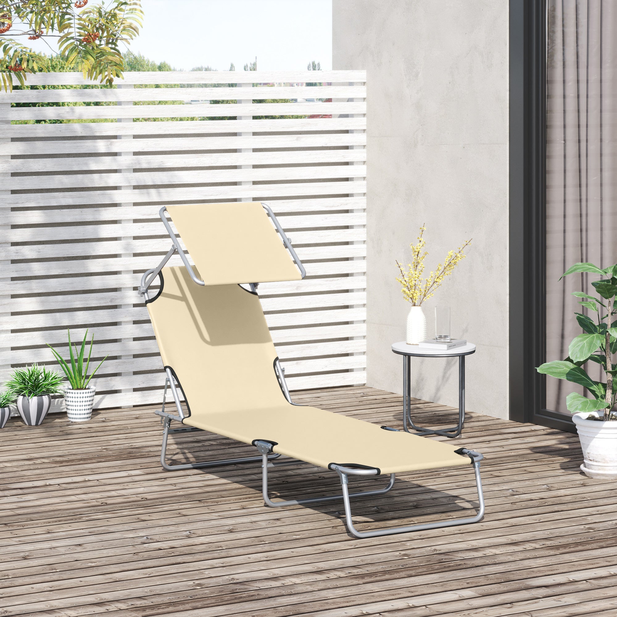 Outsunny Tumbona Plegable Tumbona de Jardín Exterior Reclinable con Toldo Desmontable con Ángulo Regulable Respaldo Ajustable en 4 Niveles para Terraza Piscina Patio 187x58x36 cm Beige