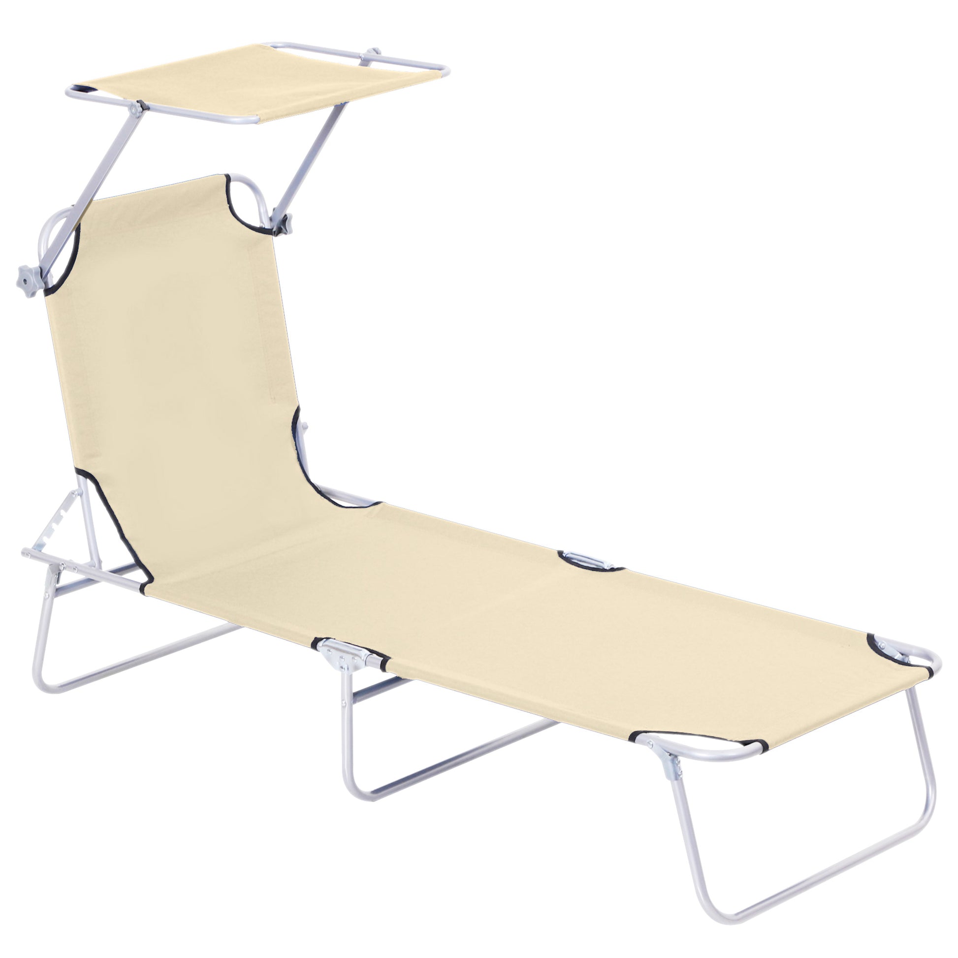 Outsunny Tumbona Plegable Tumbona de Jardín Exterior Reclinable con Toldo Desmontable con Ángulo Regulable Respaldo Ajustable en 4 Niveles para Terraza Piscina Patio 187x58x36 cm Beige