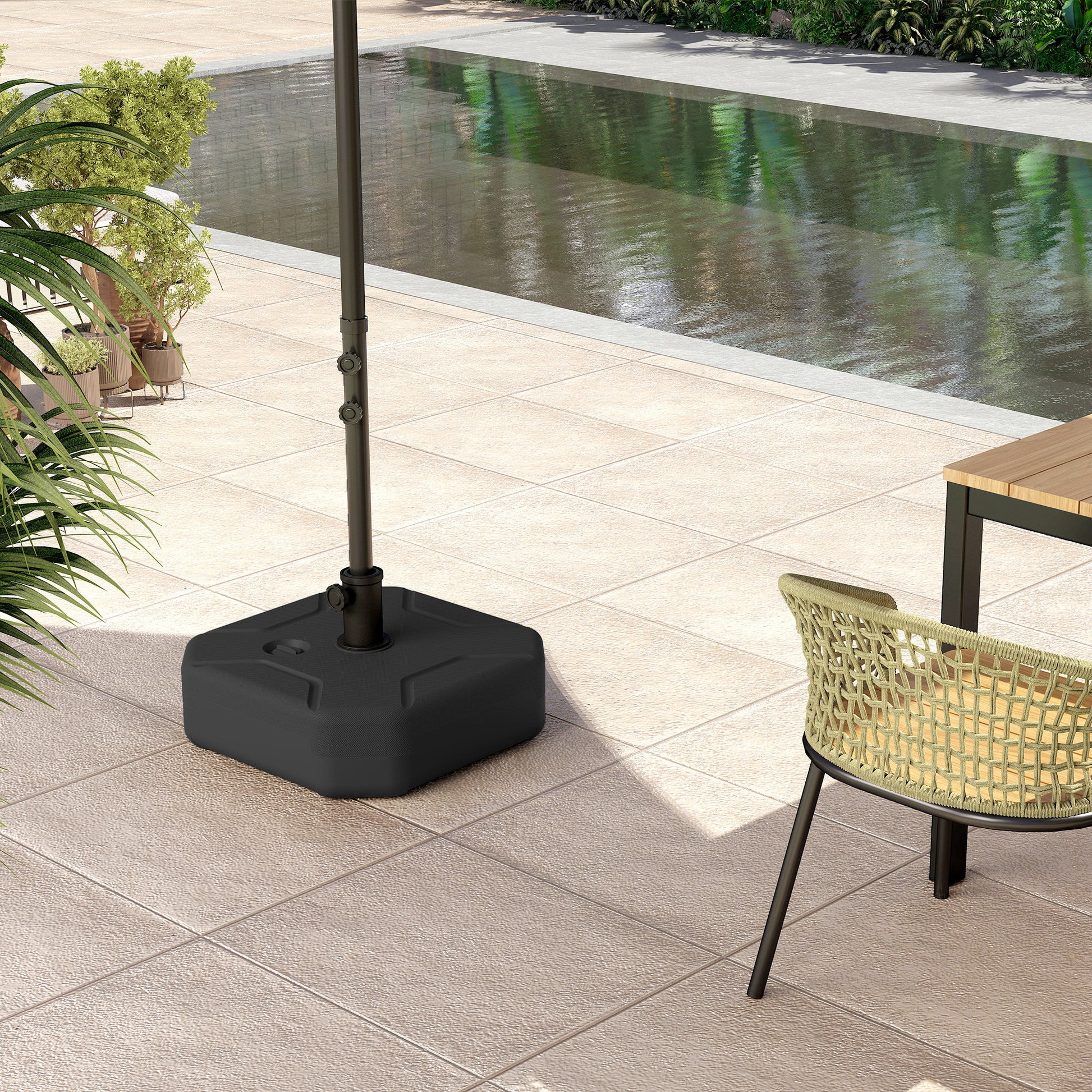 Outsunny Base para Sombrilla Cuadrada, Soporte de Parasol de HDPE, Pie para Sombrilla con Postes Ø38 mm, Ø48 mm, Rellenable de Arena 25 kg o Agua 20 kg, para Jardín, Patio, Terraza, Negro