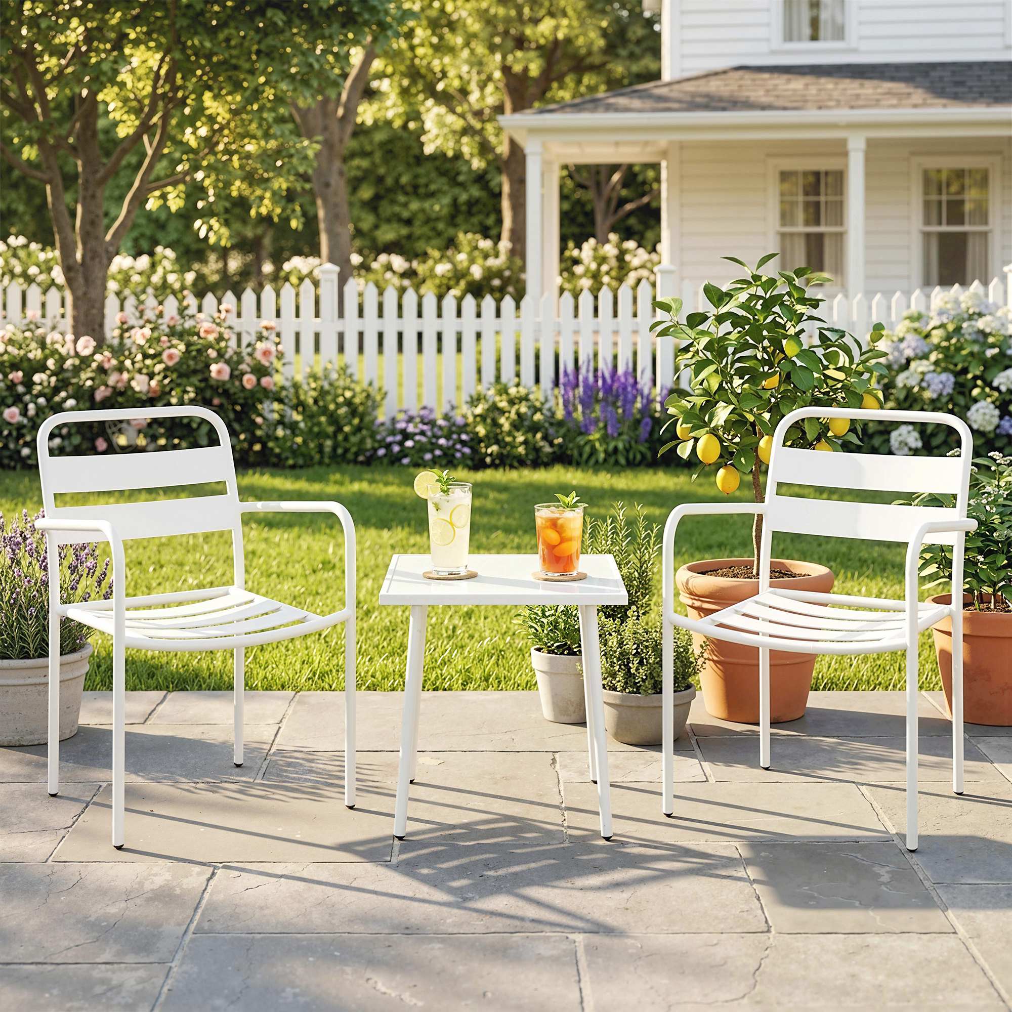 Outsunny Conjunto de Jardín Exterior de 3 Piezas, Muebles Jardín Exterior de Acero Galvanizado con 2 Sillas y Mesa de Vidrio Templado, Resistente a la Intemperie, para Balcón, Patio, Blanco