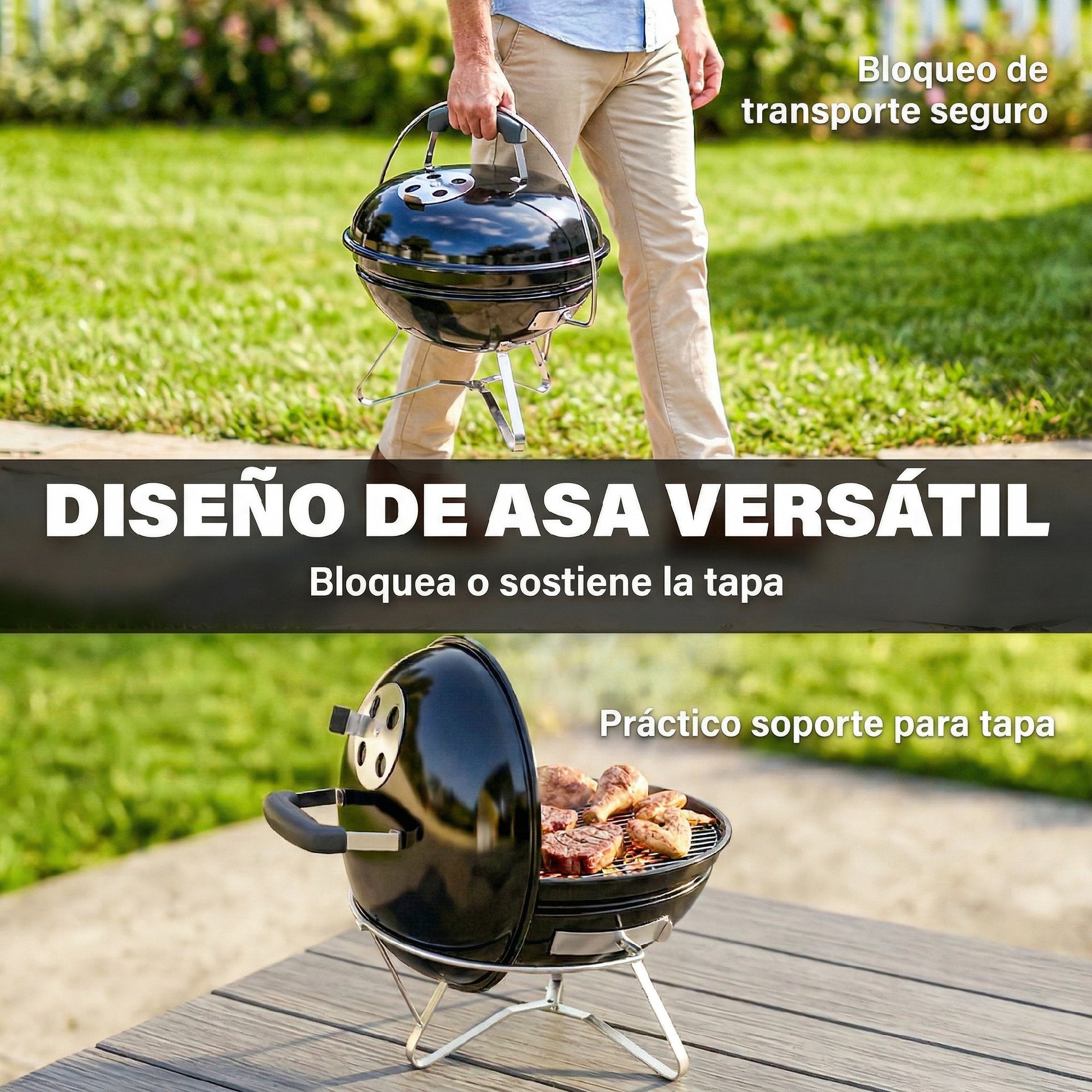 Outsunny Barbacoa de Carbón Portátil, Barbacoa de Carbón Redonda, Tapa con Soporte, Rejilla, Ventilación Ajustable, para Balcón, Picnic, Camping, Ø41x44 cm, Negro