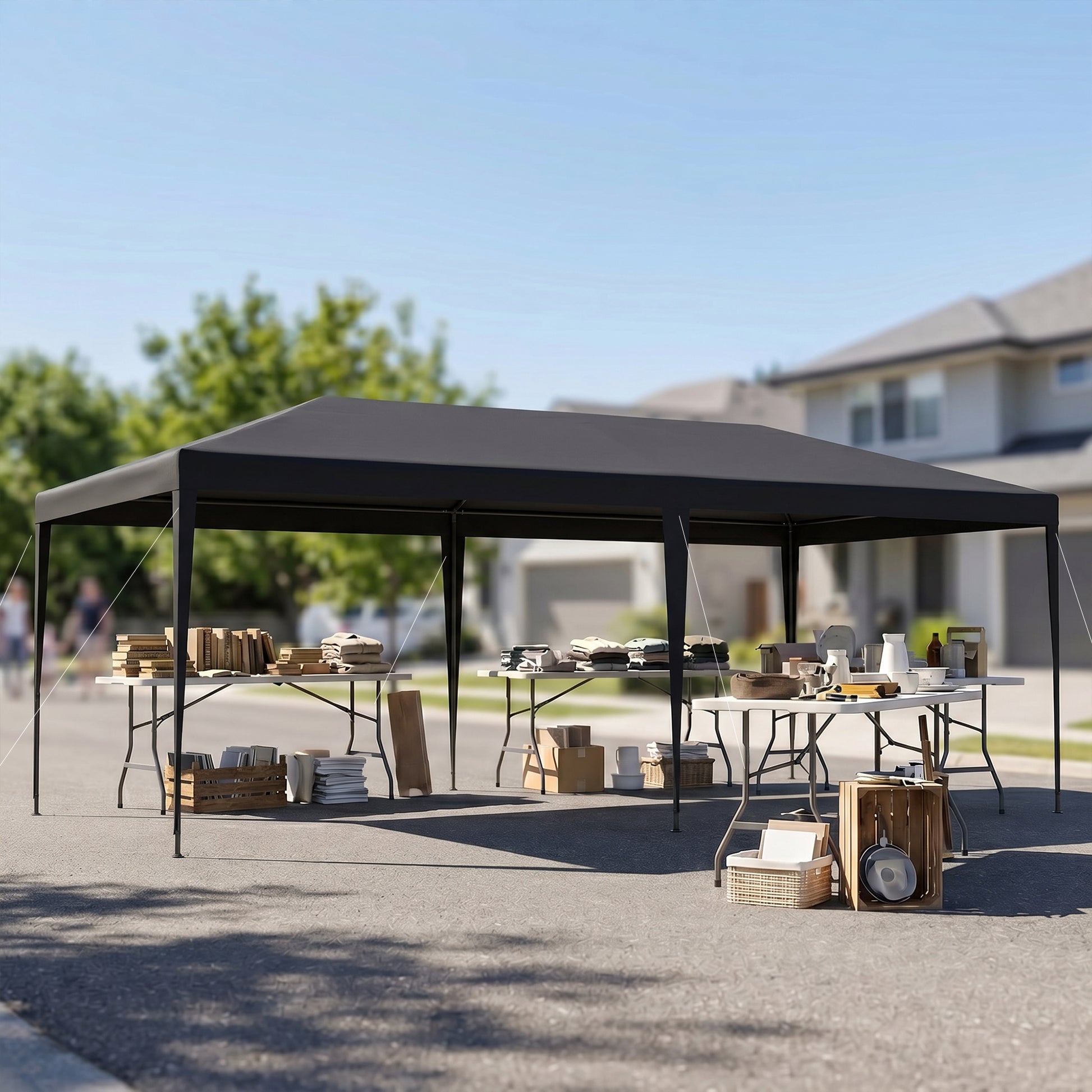 Outsunny Carpa de Jardín 6x3 m Cenador Pabellón de Jardín con 4 Paredes Laterales y 2 Ventanas Visibles, Marco de Acero, Anti-UV, Impermeable, Gazebo para Patio, Exterior, Camping, Gris Oscuro